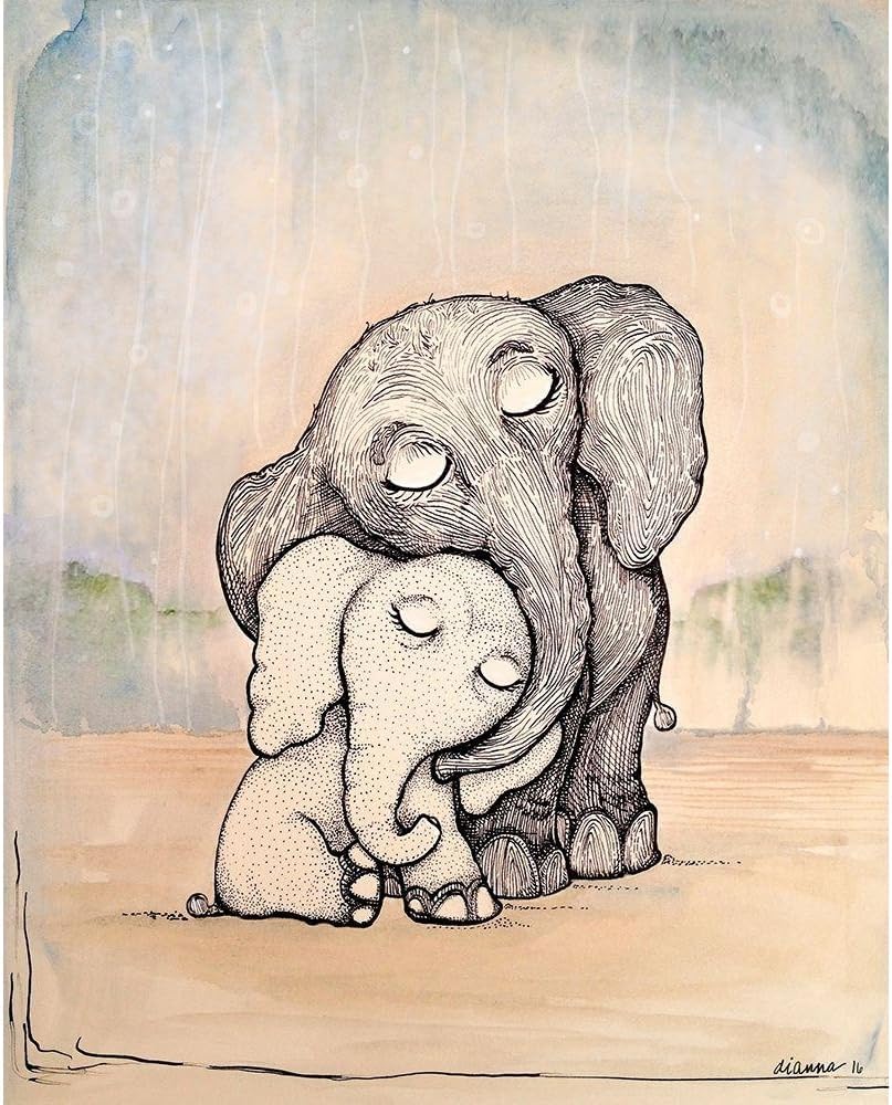 ArtDirect Whimsical Mom and Baby Elephant Unframed Art Print Giclee Poster by Diannart - Ready for Framing with Customization Sizes 8x10, 11x14, 16x20, 24x30, 36x45, and 48x60 Inches