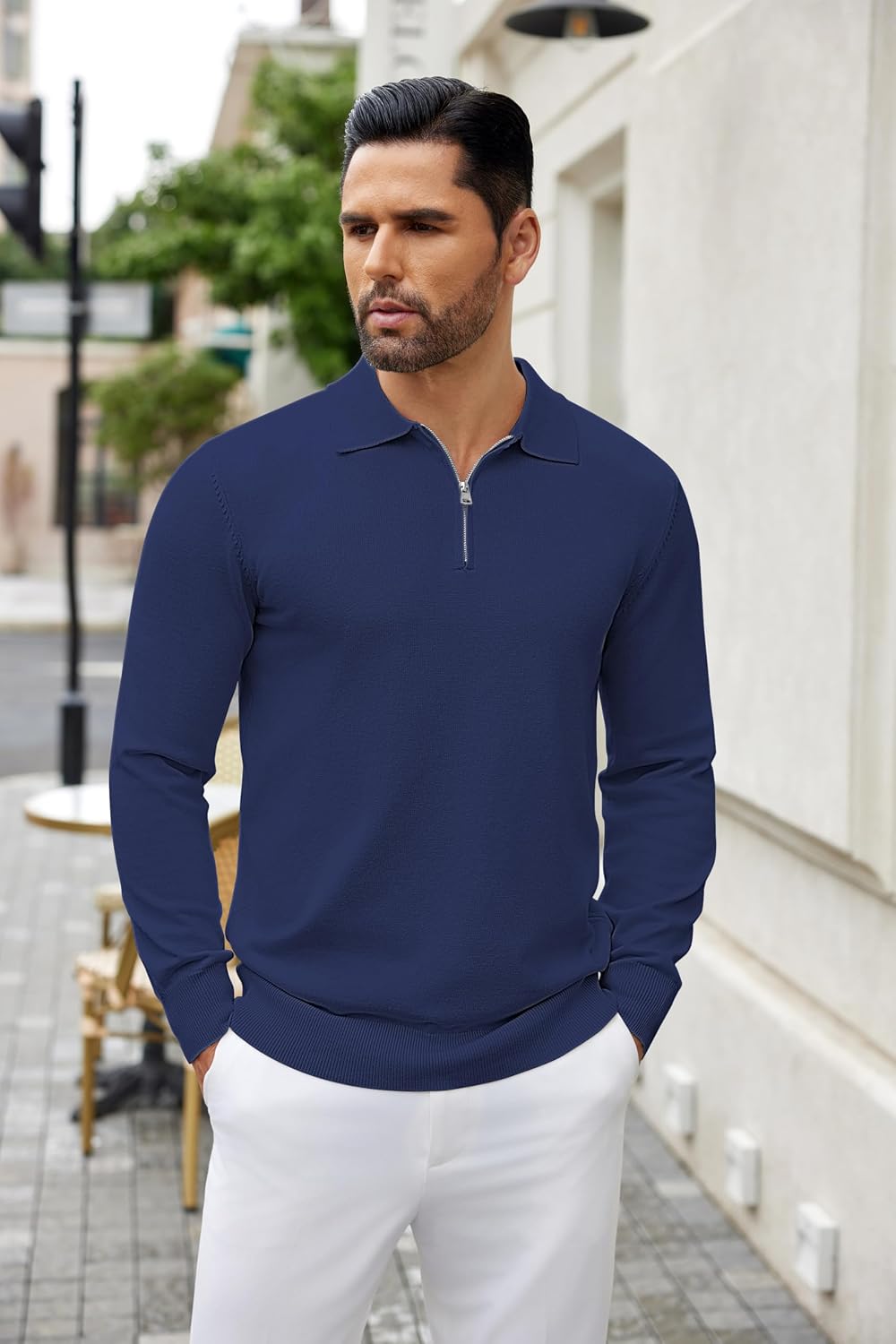 COOFANDY Mens Knit Polo Sweater Casual Long Sleeve Quarter Zip Polo Sweater Classic Golf Shirts
