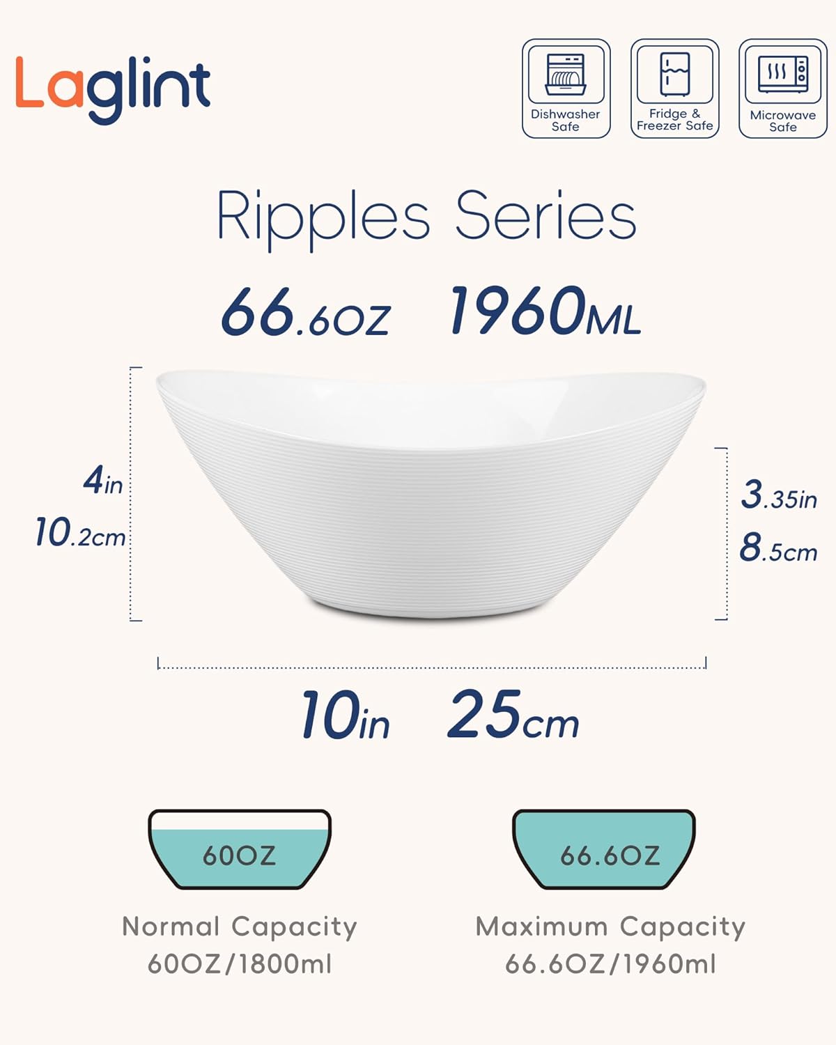 66 OZ Salad Bowl Set of 2, Opal Glass 10 inch Lightweight Serving Dishes for Salad, Fruit, Kitchen Microwave & Dishwasher Safe, Oval Shape White - Image 3