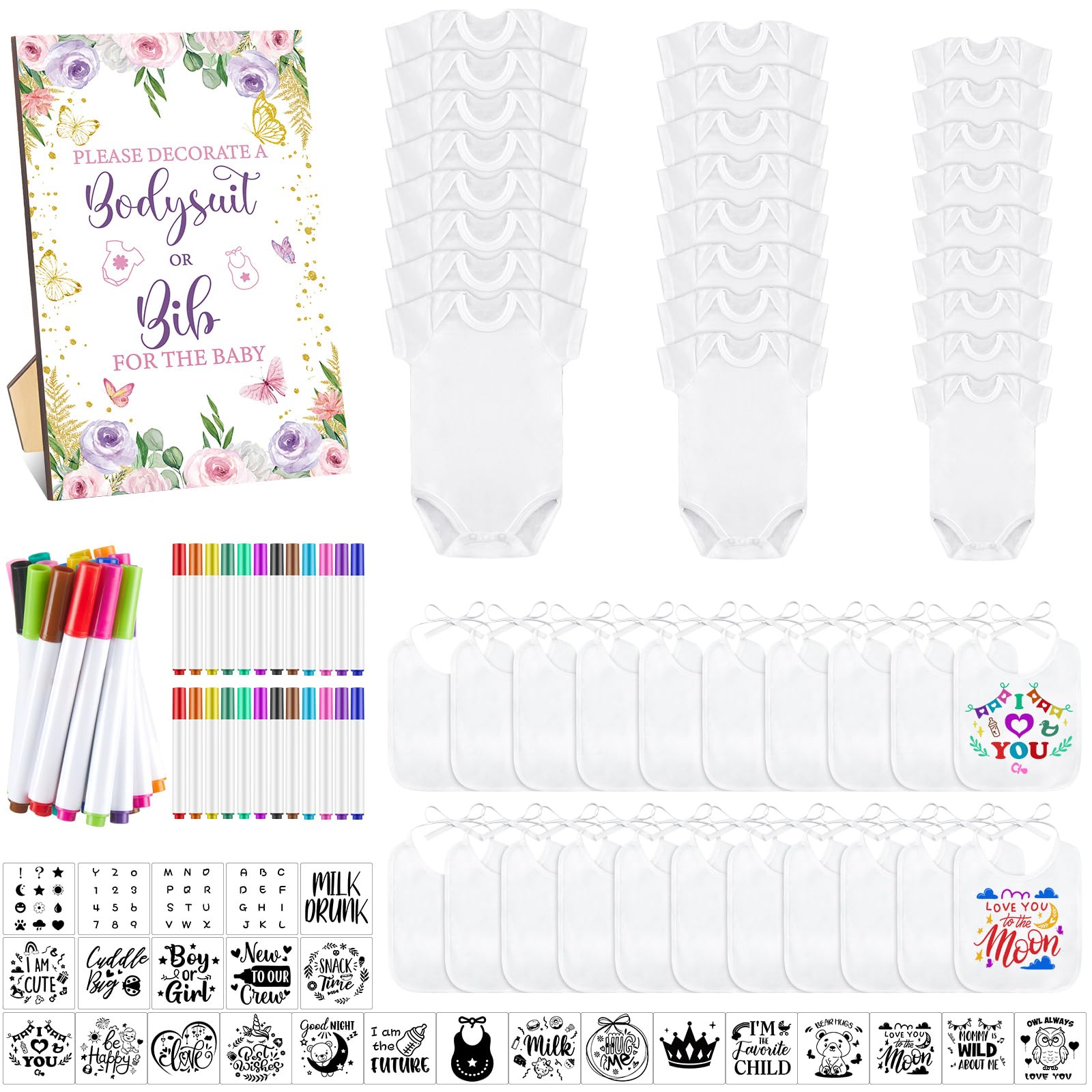 Panitay 100 Pcs Blank Bib Bodysuit Baby Shower Set Baby Shower Sign Blank Feeder Bib DIY Bodysuit Fabric Colorful Marker(Butterfly)