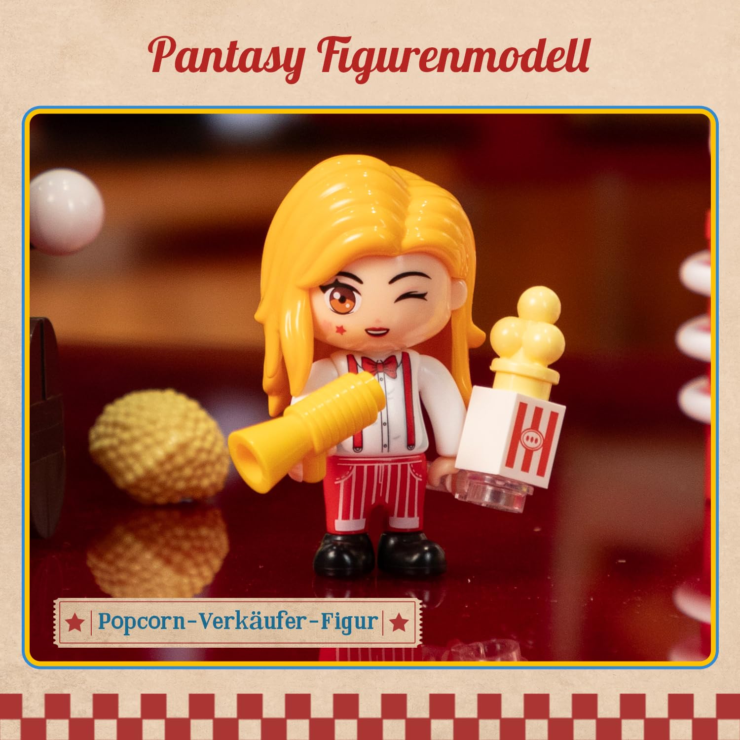 PANTASY Retro Popcornmaschine Klemmbausteine Set | Interaktives Kinomodell mit Drehkurbel, Figur und Popcorn-Elementen, nostalgische Display-Deko für Film- und Retro-Fans