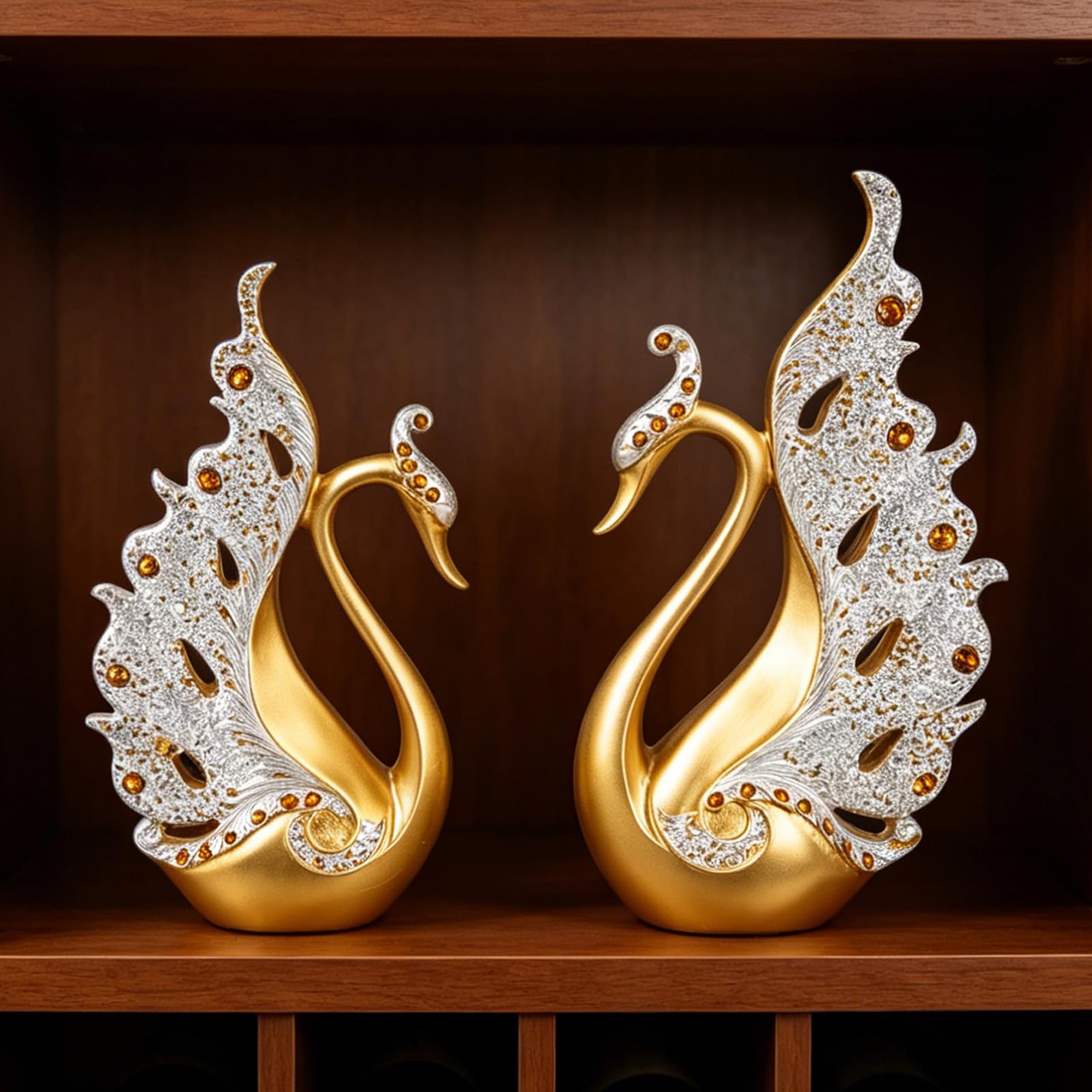 Estink Ensemble de 2 Sculptures Décoratives de Cygnes en Résine, Ornements de Couple de Cygnes Or pour Salon, Cave à Vin, Cadeaux de Mariage