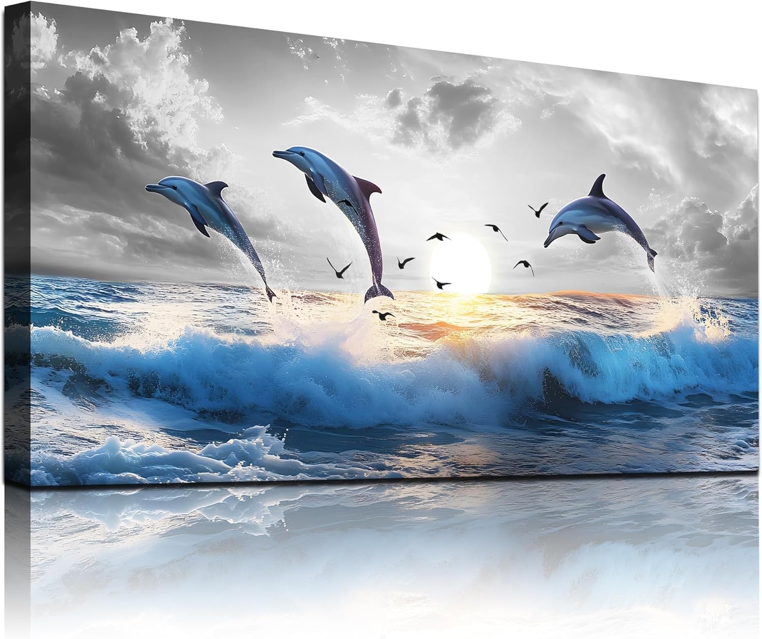 Lianyibo Frameless Dolphin Canvas Wall Art Large Modern Blue Ocean Seascape Painting Sea Wave Sunrise Pictures Prints Artwork Home Decor(90X180cm/Frameless)