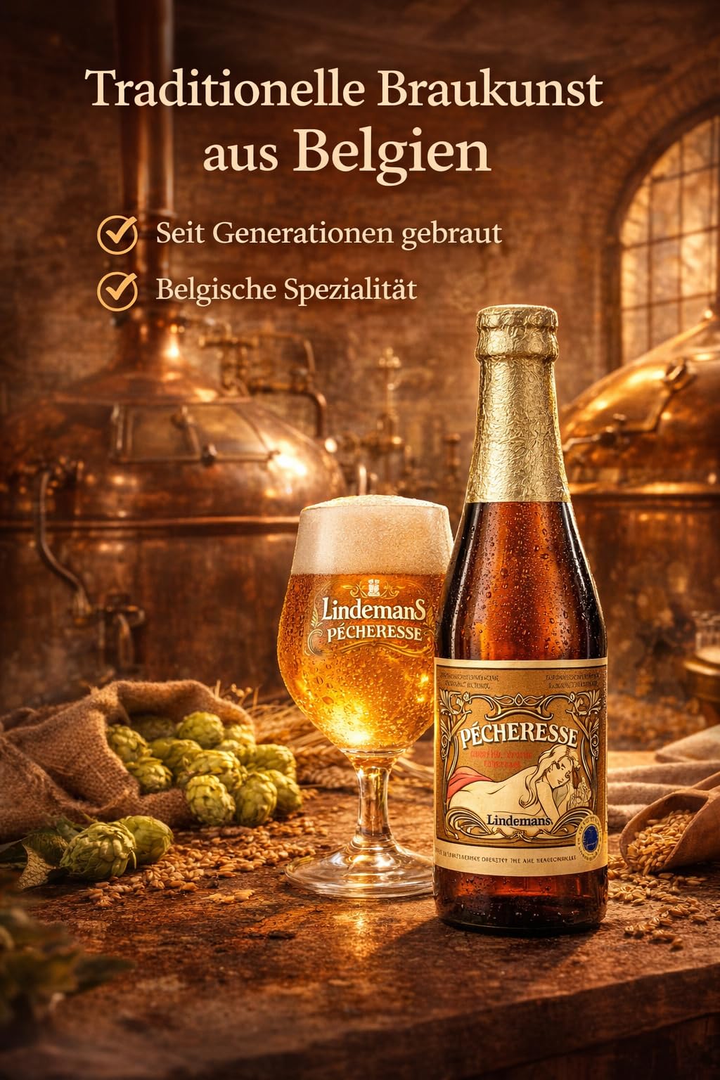 Lindemans Pecheresse Lambic Bier, Fruchtiges Pfirsichbier, 12x0,25l, Mild Erfrischend Süß-Säuerlich, Premium Craft Bier aus Belgien