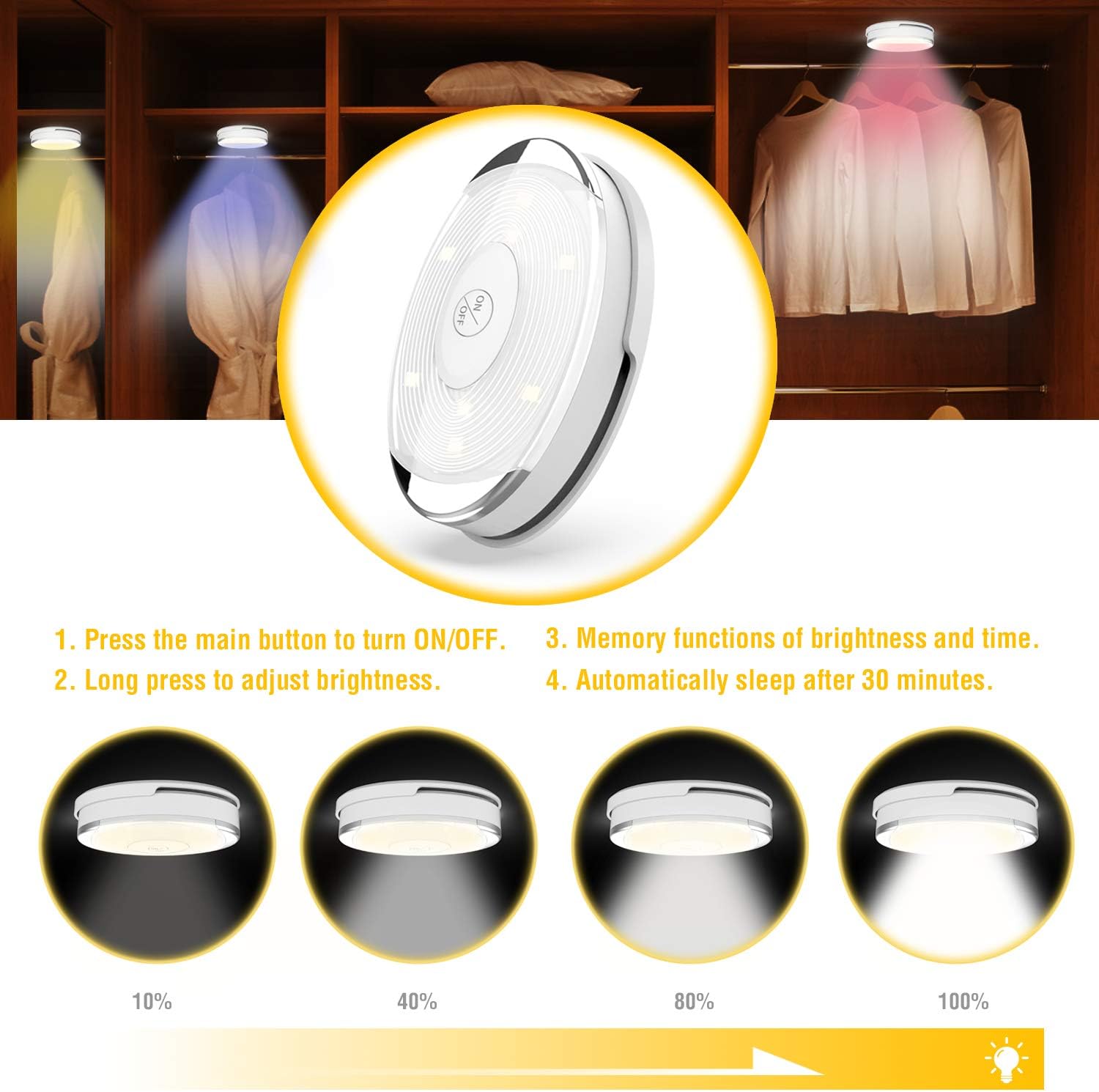Starxing Ceiling Light Battery Operated, 5 inch Puck Light with Remote Control, Shower Light with DC Charger/ Sticker for Kitchen Cabinet Closet Bedroom Stairs (Multicolor,RGB)
