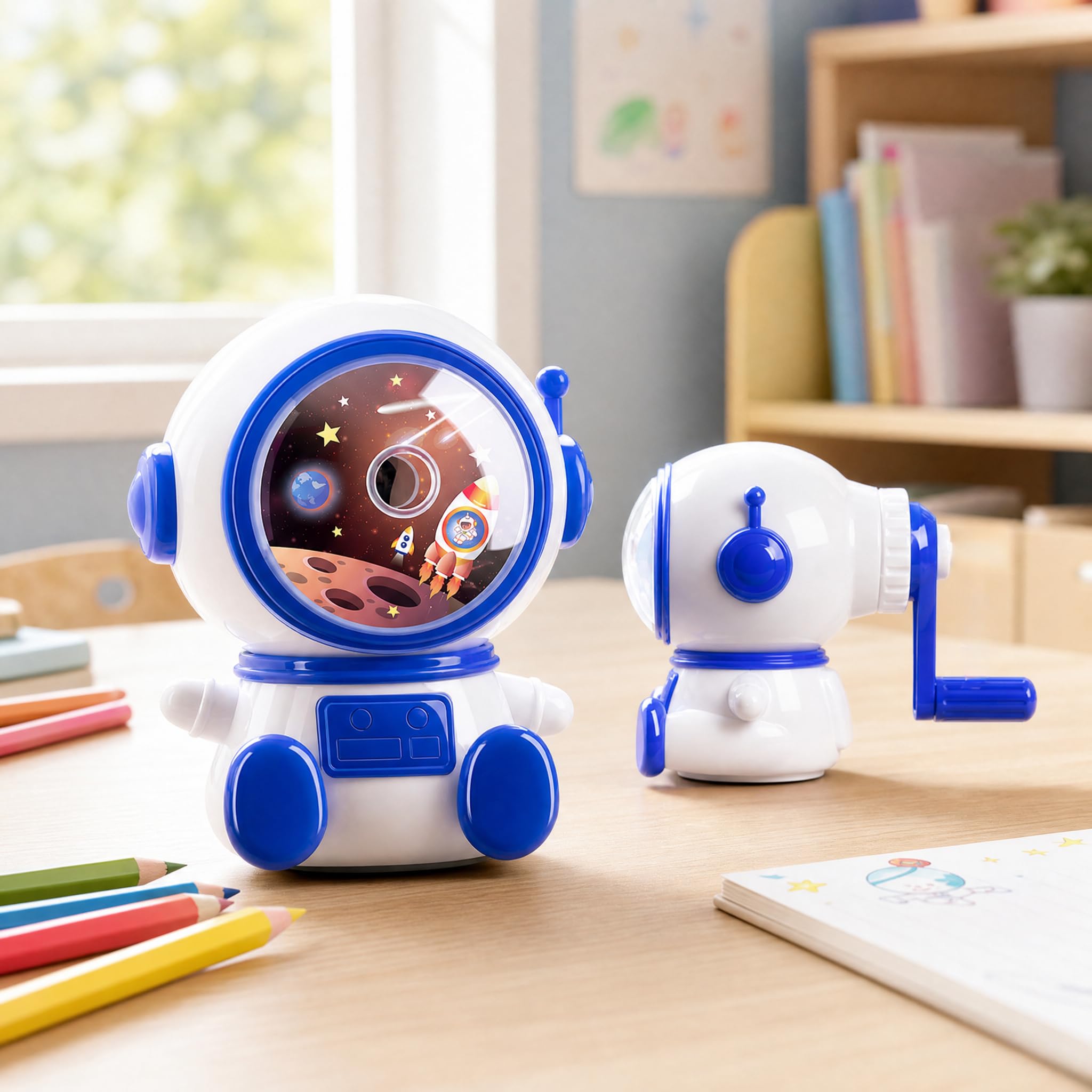 Pencil Sharpeners Manual, Waoferfio with 3 Adjustable Tips, Astronaut Design Hand Crank Desk Pencil Sharpener with Container for 6-8mm Pencils for Home, Office, Classroom