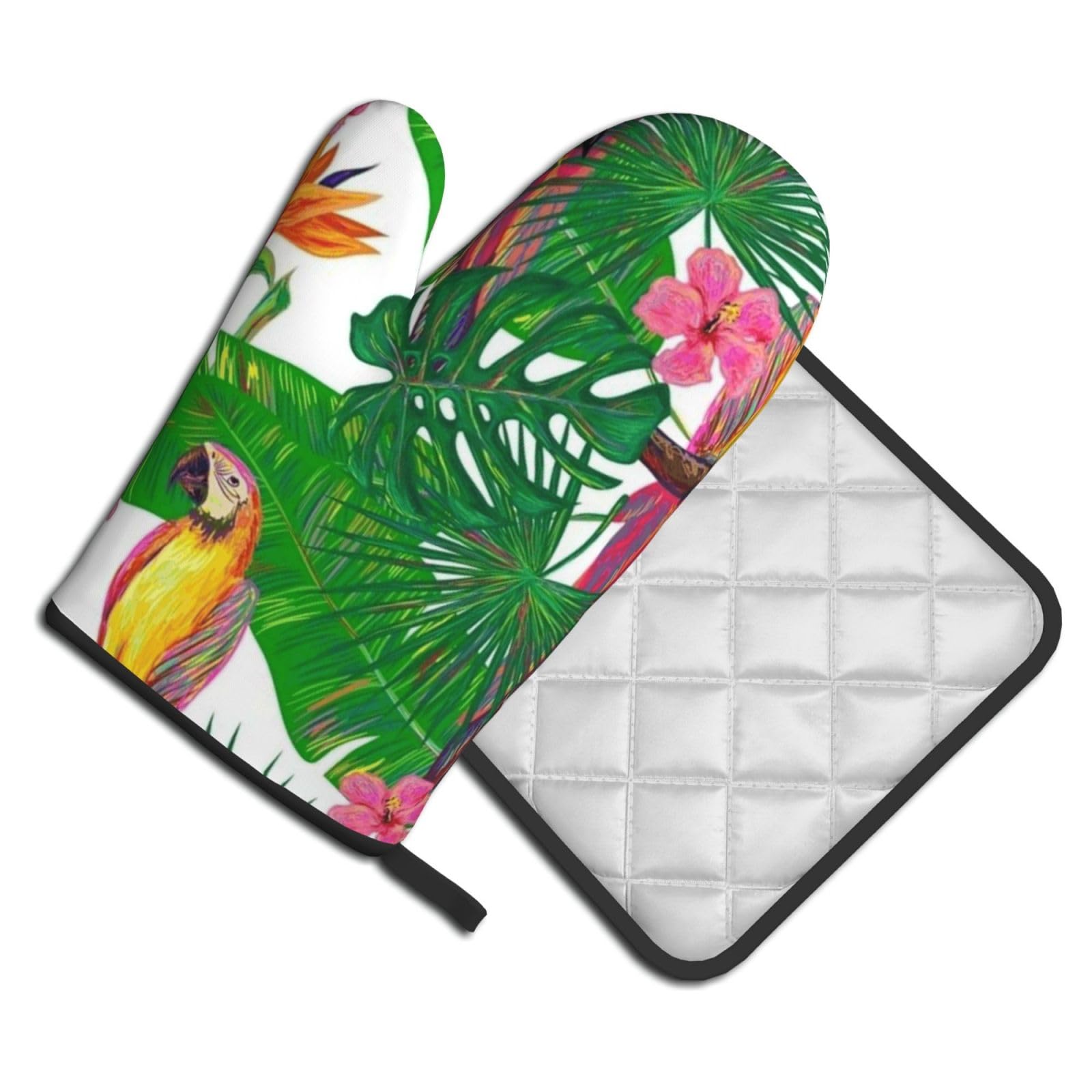 Oven Mitts and Pot Holders Set of 2 Pcs, Toucans Parrot palm tree leaves Printed Heat Resistant Kitchen Gloves Potholders for Cooking Baking Grilling