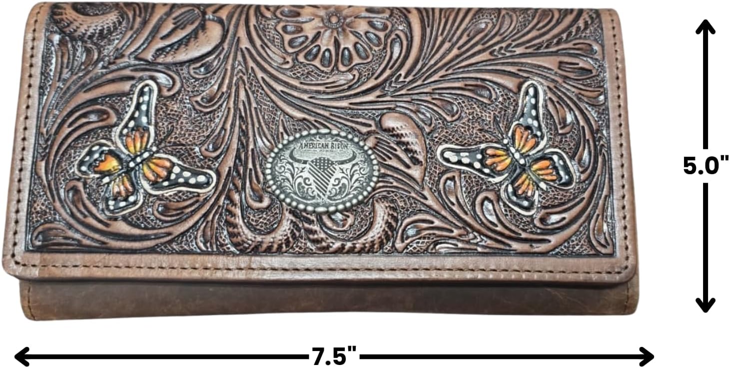 American Bison Western Floral Leather Wallet for Women Brown Clutch with Butterfly Embossed Design, RFID Blocking, 9 Card Slots, ID Window