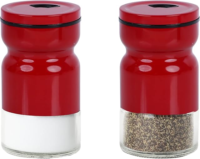 Glass & Metal Salt and Pepper Shaker - Set of 2 Red