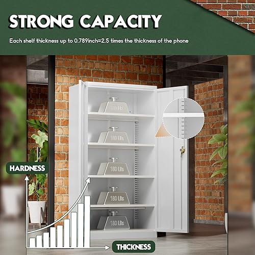 Miniatura 4 de Pataku Gabinete de almacenamiento de metal, armario de garaje con puertas y estantes, gabinete multifuncional de acero con cerradura, gabinete de