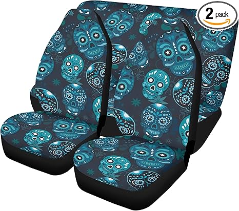 Day of The Dead Sugar Skull Car Seat Covers and Floor Mats – Mexican Calaveras Skeleton Auto Interior Kit for Festive Vehicle Upholstery and Rug Protection (2pcs Front seat Covers)
