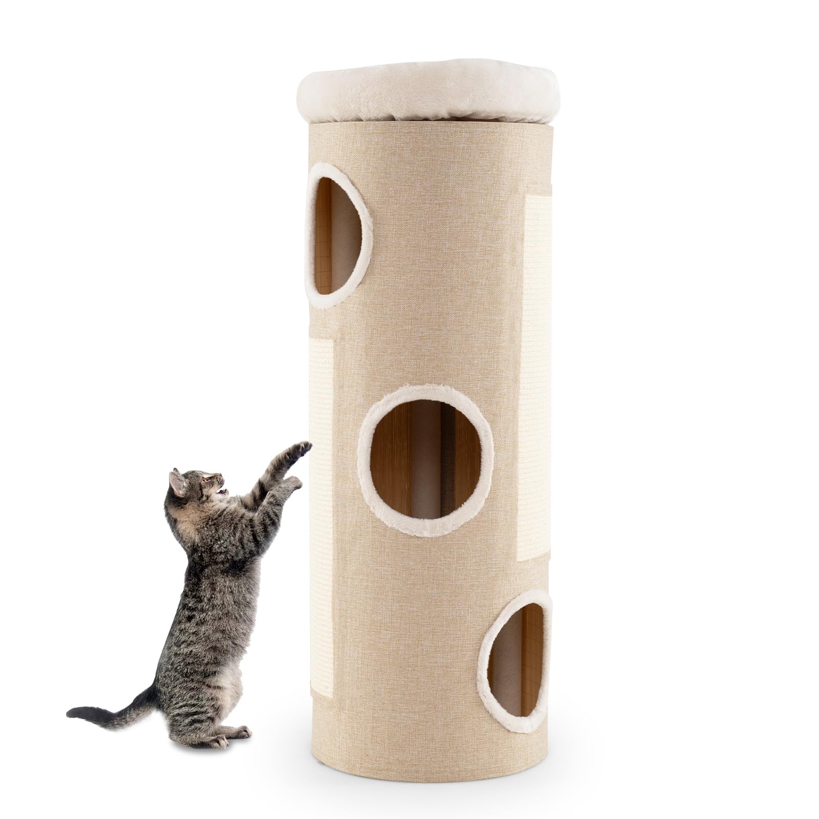 SOARS Barril rascador para gatos XXL, 113 cm, con 3 cuevas y cama de peluche extraíble, árbol rascador, torre para gatos, diámetro de 39 cm (beige)