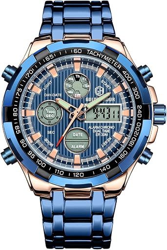 Luxury Fashion Men's Watches Stainless Steel Heavy Bullet Sport Chronograph Waterproof Gold Two Tone Date Alarm Multifunction Analogue Digital Watch