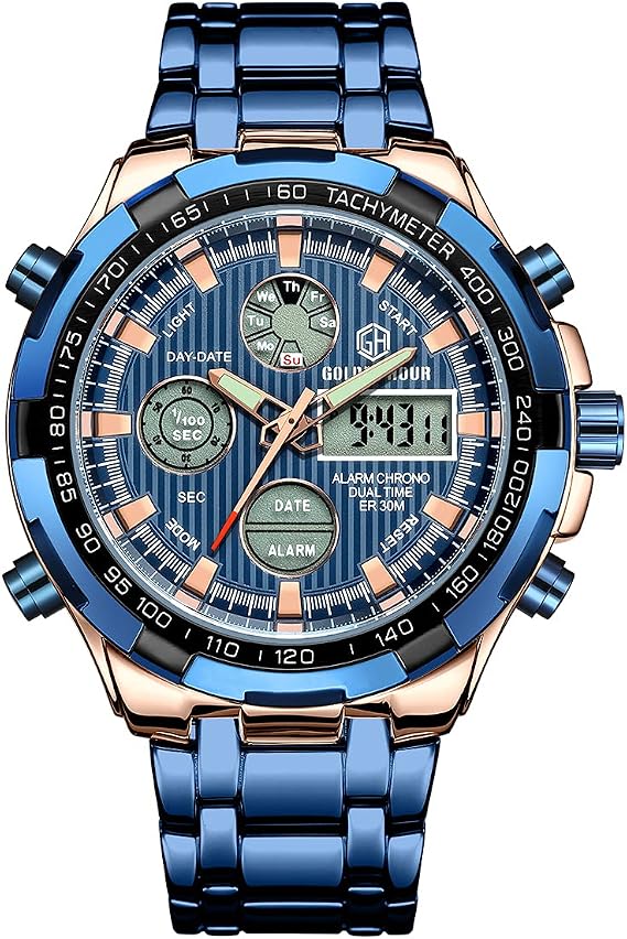 Luxury Fashion Men's Watches Stainless Steel Heavy Bullet Sport Chronograph Waterproof Gold Two Tone Date Alarm Multifunction Analogue Digital Watch