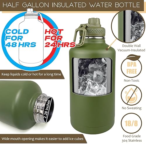 Miniatura 3 de DEFUNX Botella de agua de medio galón con funda, jarra de agua aislada de 64 onzas con asa, botella de agua deportiva de acero inoxidable verde para