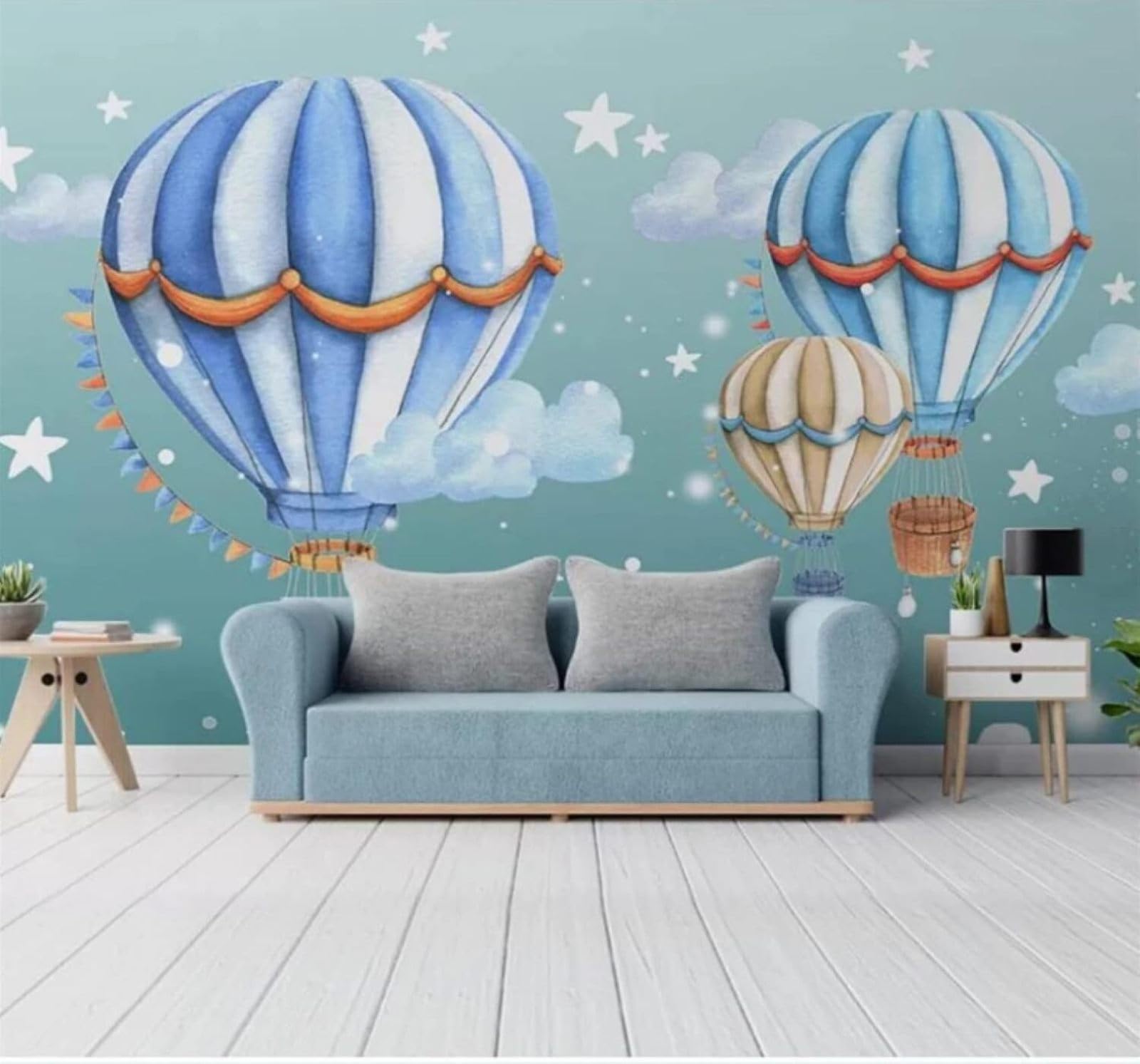 Hand Drawn Cartoon Blue Starry Sky Hot Air Balloon 3D Wallpaper Easy Install Feature Office Living Room Sofa Bedroom TV Background Wall Decoration-430cm×300cm