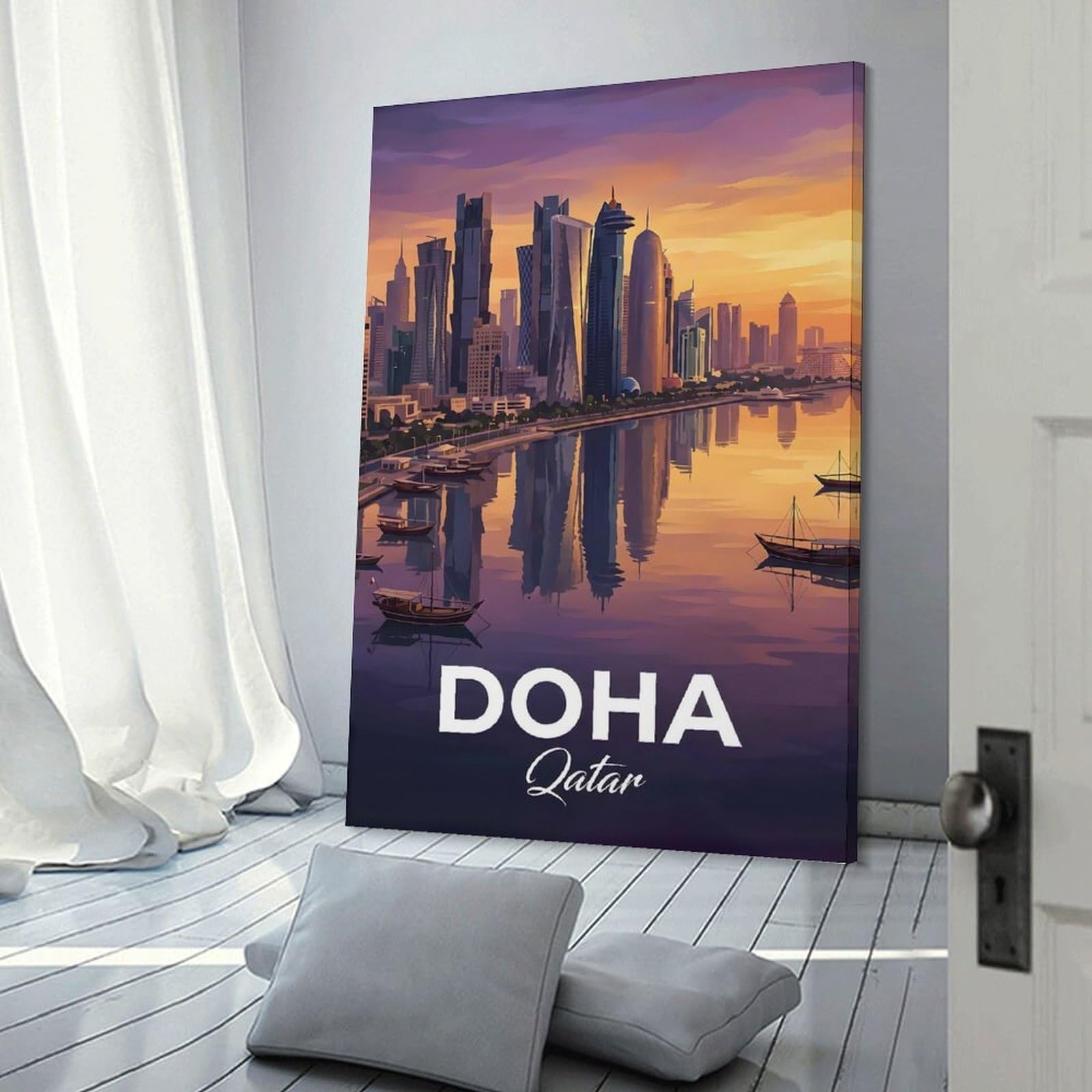 Junmoney Home Decor Wall Art Doha, Qatar Skyline at Sunset, 24x36inch(60x90cm), for Workspace Walls, Study Corners Or Bedrooms, A Smart Decor Choice for Study Walls
