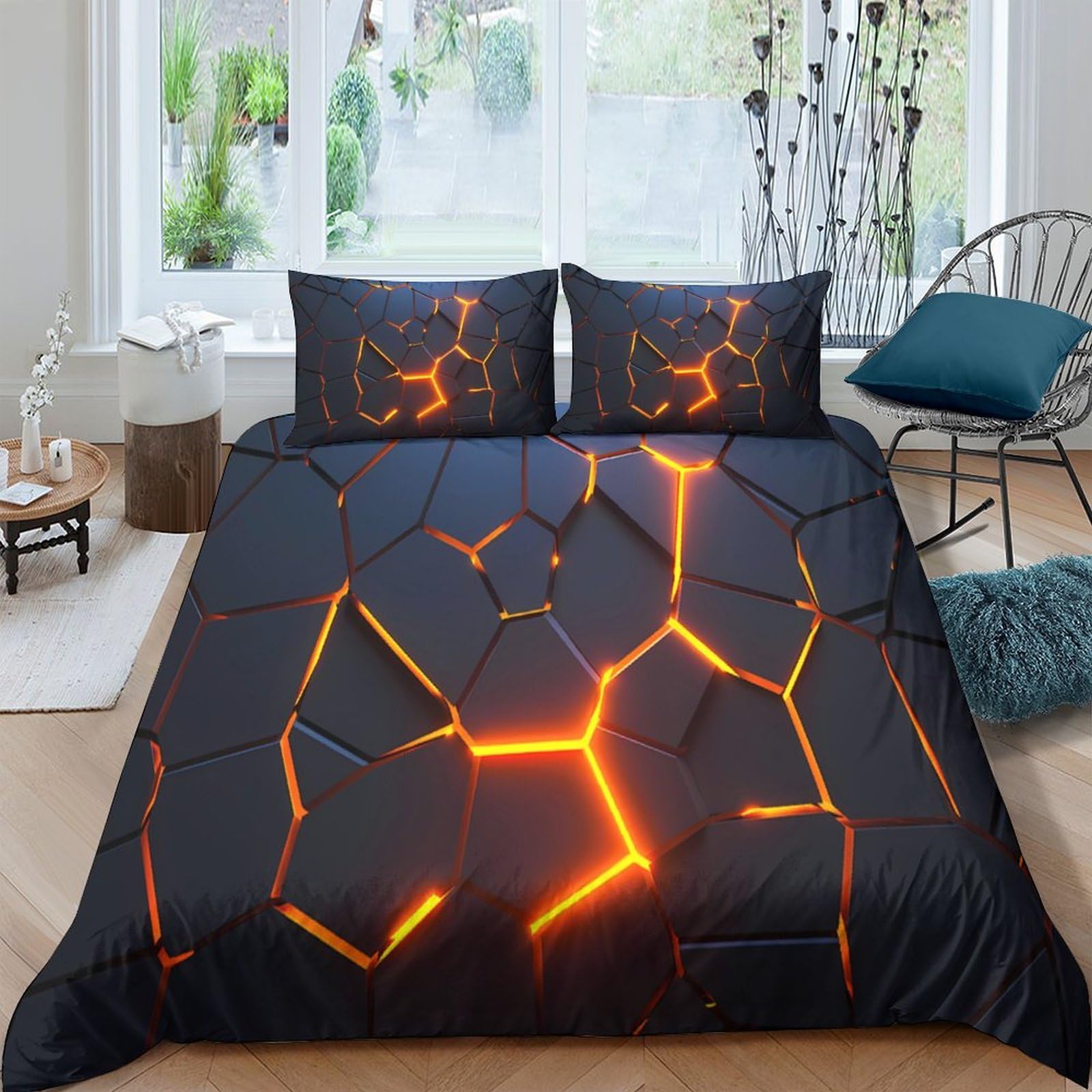 Ctjqhvkz Style-2 3D Printed Lava Crack Fitted Sheet Microfiber Soft Black Orange Magma Mattress Cover Bedroom Decor Washable Single（135X200cm）