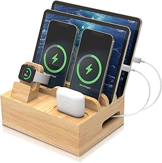 CAIROCK Charging Station for Multiple Devices with Power Supply, 6 in 1 USB Charging Station Bamboo Charge Organizer Compatible with iPhone iPad AirPods iWatch Cell Phone (5 Short Charge Cords Includ)