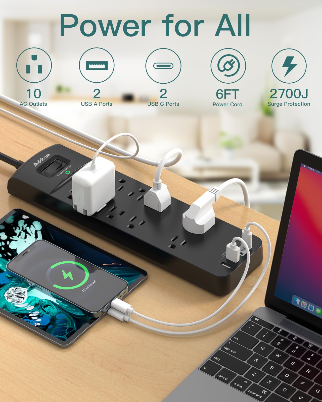nchufes Pared con Interruptor, Enchufe Multiple 3 USB, Ladron Enchufes Plano 3600W 16A, Alargador Pared 0.6m Cable Corto