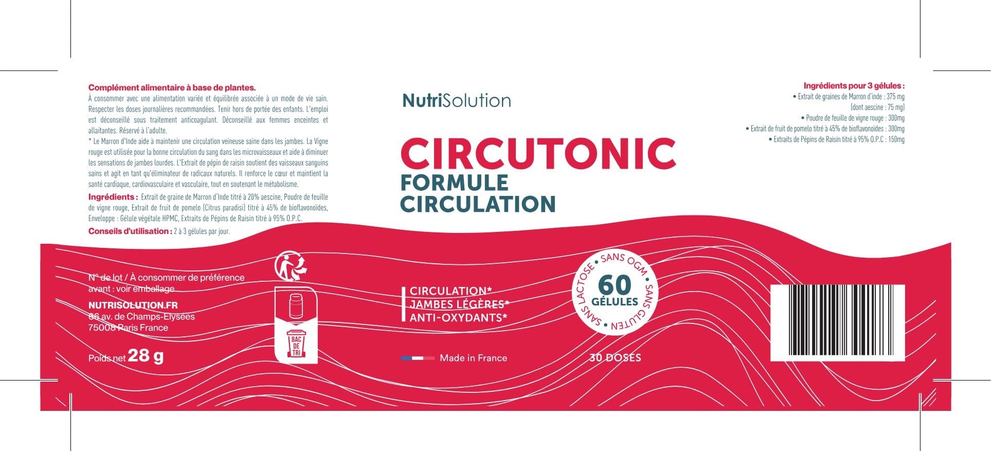 CircuTonic : Complément Naturel pour la Santé Veineuse - Circulation Sanguine & Jambes Légères - Marron d'Inde, Vigne Rouge, Pépins de Raisin - 60 Gélules - Fabriqué en France (1)