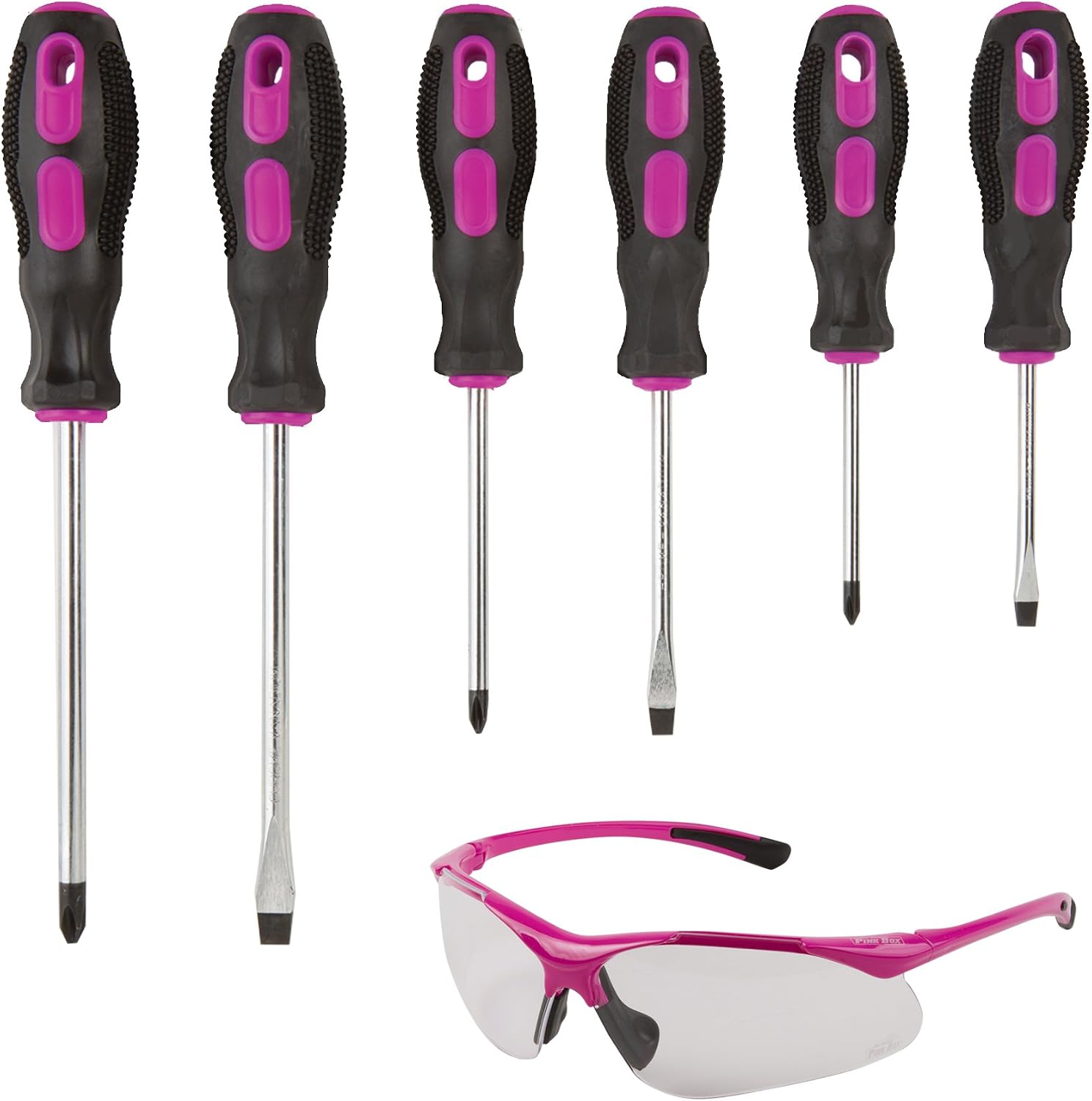 The Original Pink Box PBC6SDGOG 6 Piece Screwdriver Set & Anti-Scratch Safety Glasses Bundle, Pink
