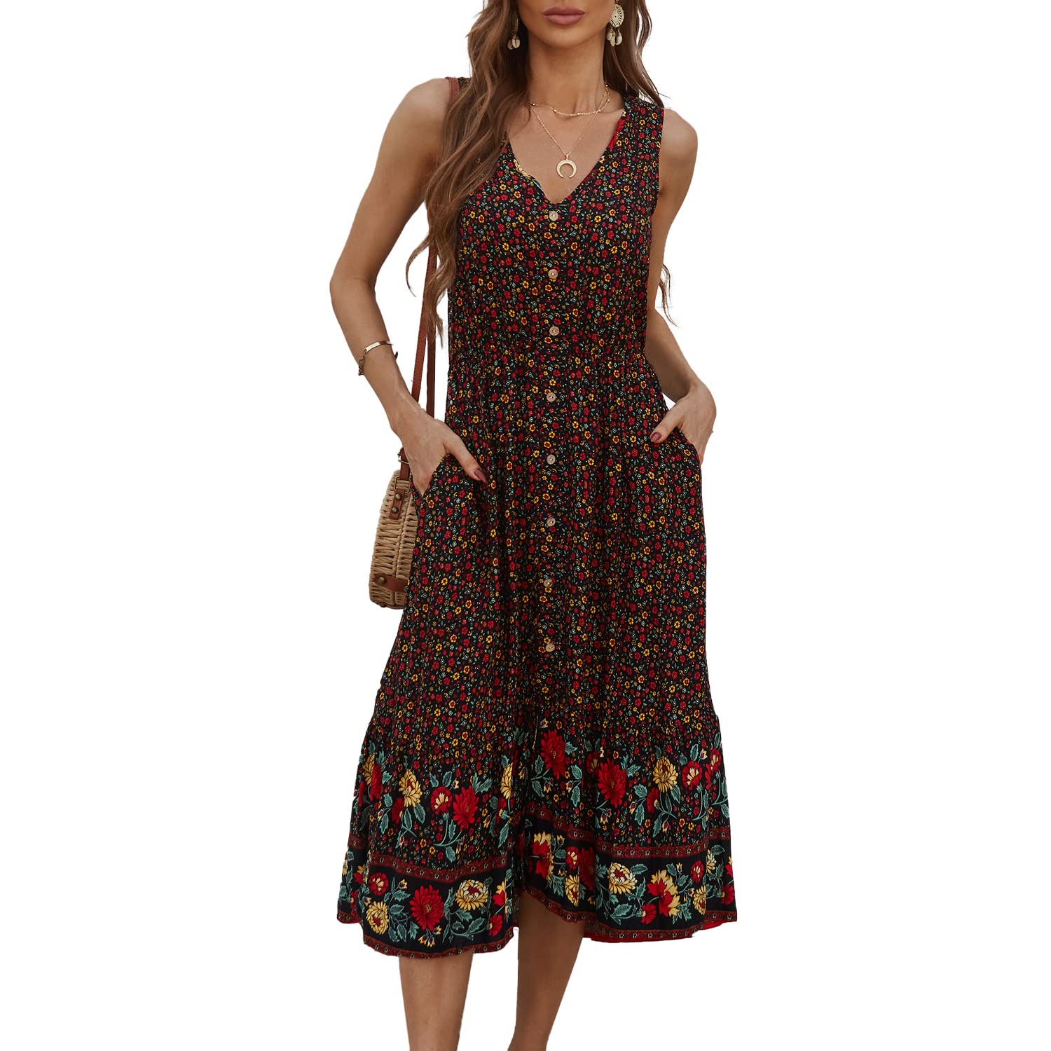 BROVAVEWomen Summer Bohemian Floral Print V Neck Sleeveless Sundress Flowy Casual Midi Dress