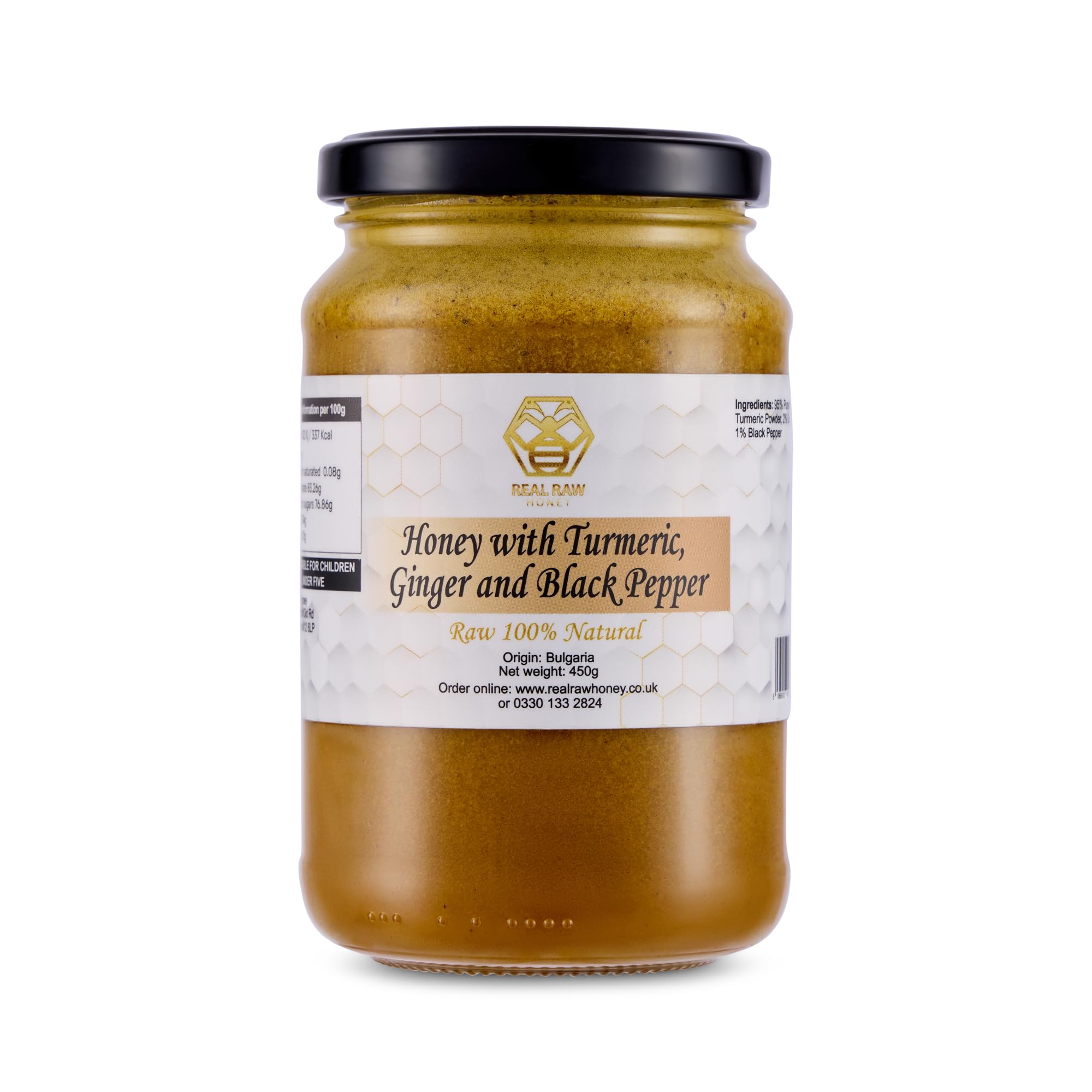 Honey with Turmeric, Ginger and Black Pepper 450g, Unpasteurised, 100% Natural Raw Honey with Turmeric, Ginger and Black Pepper, No Additives, No Preservatives