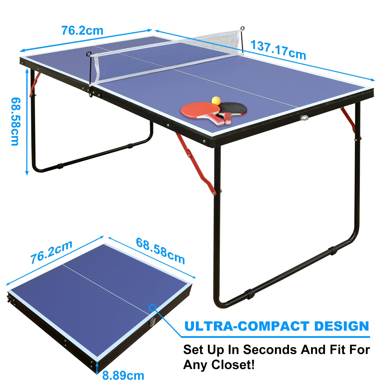 Tavolo da ping pong pieghevole da 137 cm, set da ping pong con rete e 2 racchette, pannello in MDF blu, gambe in metallo a forma di U, antiscivolo, salvaspazio, per interni ed esterni, bambini e