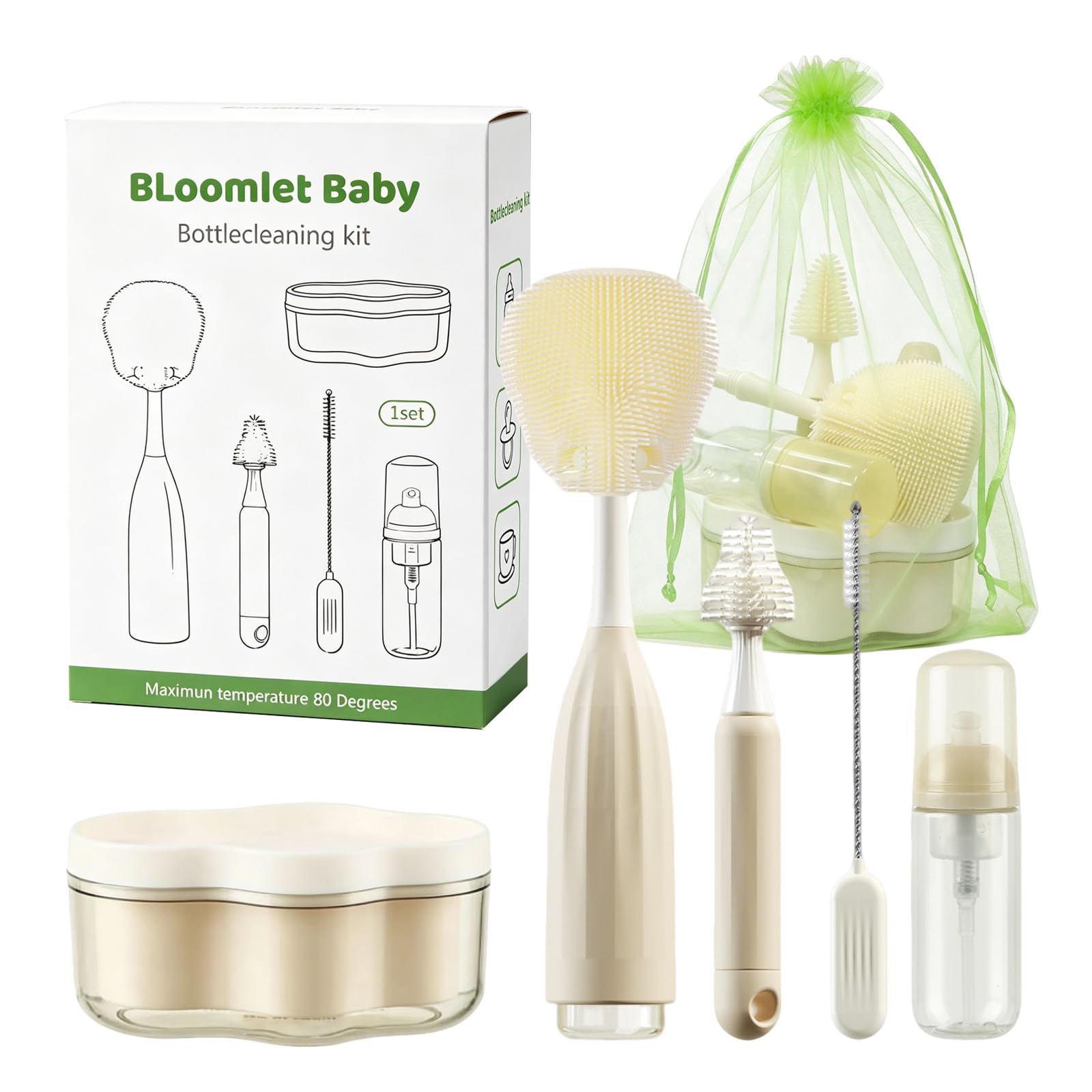 Brosse à biberon en mousse beige de qualité supérieure avec socle de vidange