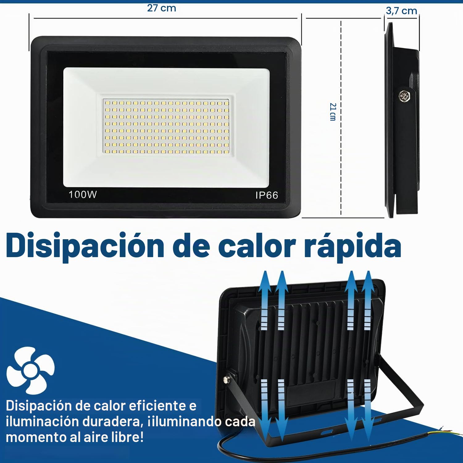 Focos LED Exterior 100W, IP66 Impermeable Foco Proyector LED, Blanco Frío 6500K 10000 Lumen Floodlight para Casa, Garaje, Patio, Terraza, Campo