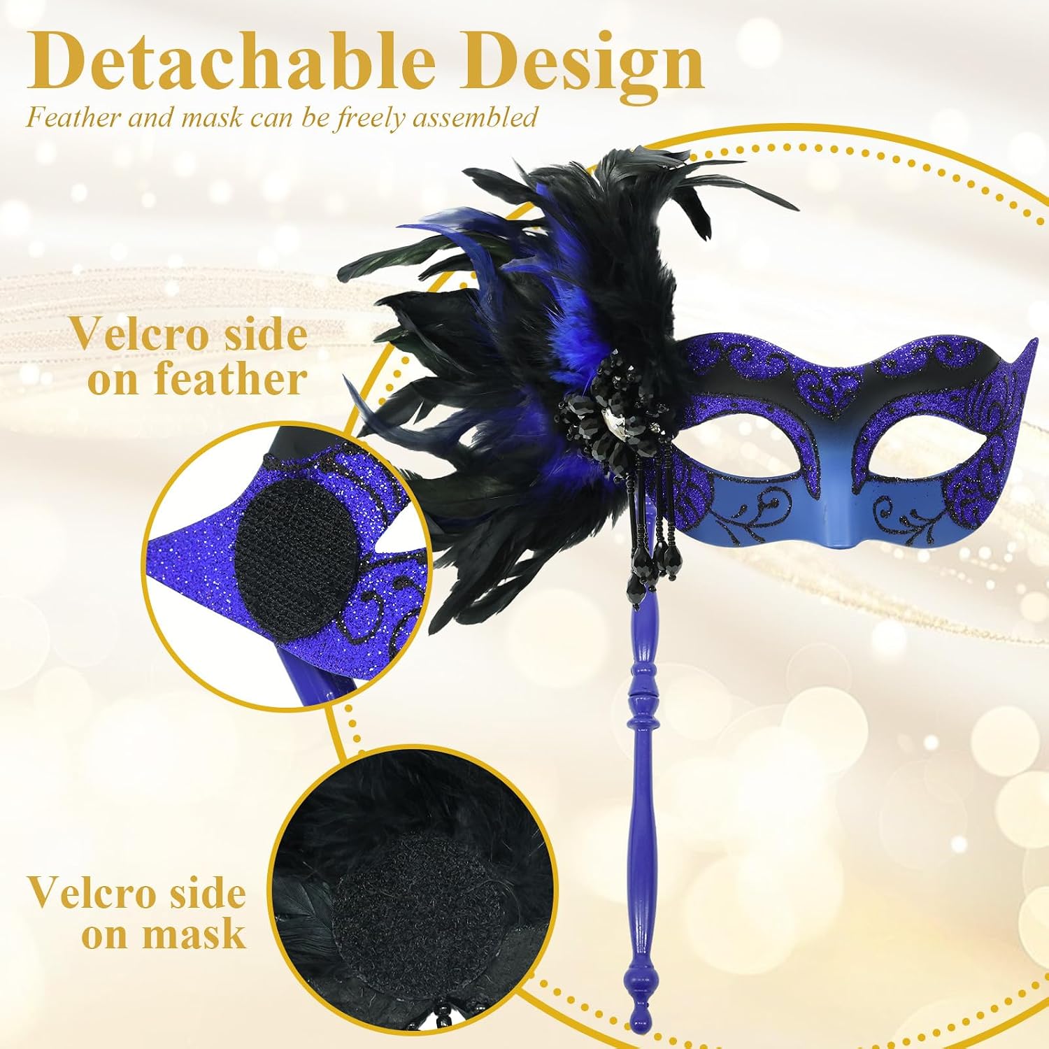 Masquerade Mask for Women with Stick, Shiny Women's Feather Mardi Gras Venetian Mask for Prom Ball Costume Party