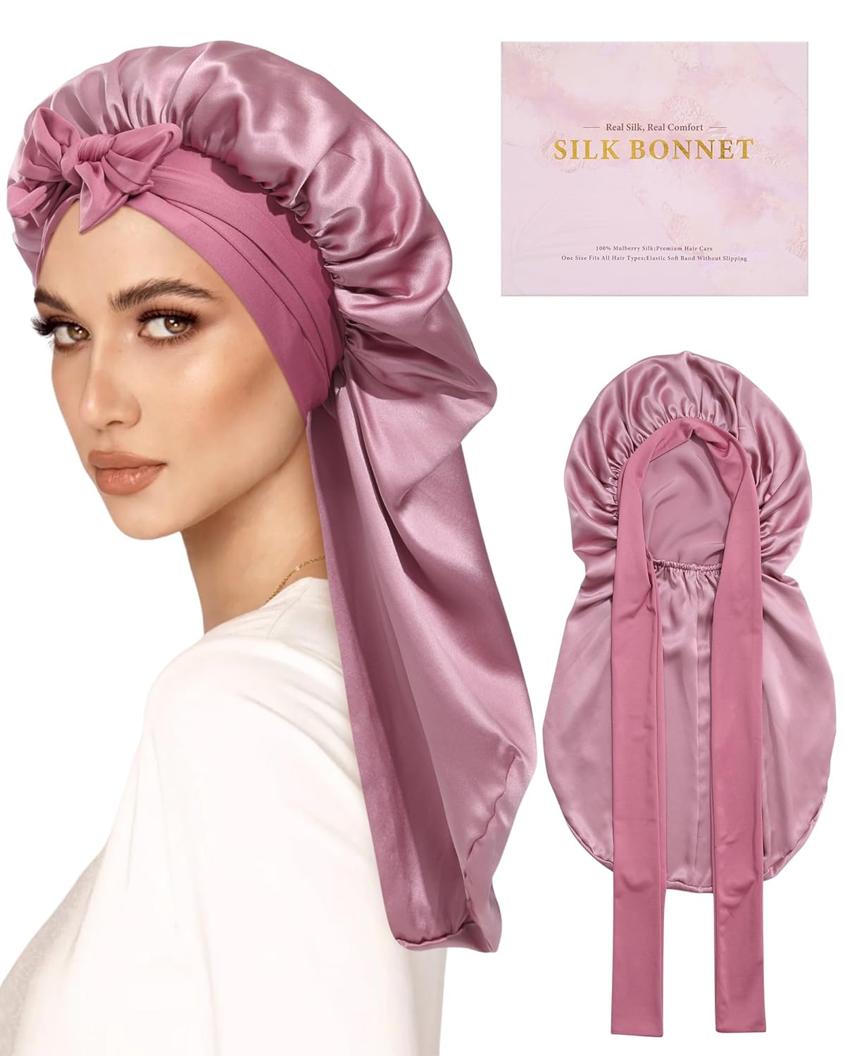AWAYTR Long Silk Bonnet for Sleeping - 100% Mulberry Silk Bonnet for Women Long Hair Sleep Cap with Elastic Tie Band (Haze Blue)