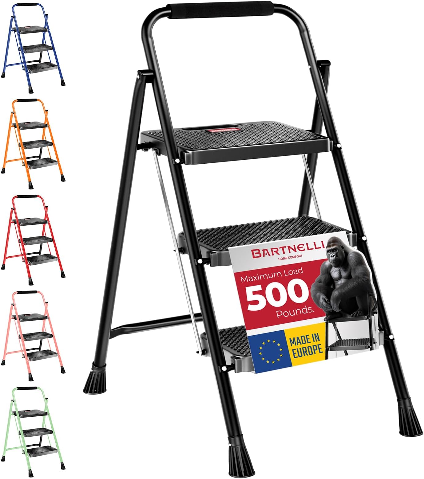 Pro Luxury Step Ladder | European Made 3 Step Foldable Step Stool for Home | Rock-Solid 500 lb Capacity,Built to Last with Highest-Grade Sturdy Steel Construction,Soft Handle, Anti-Slip Feet