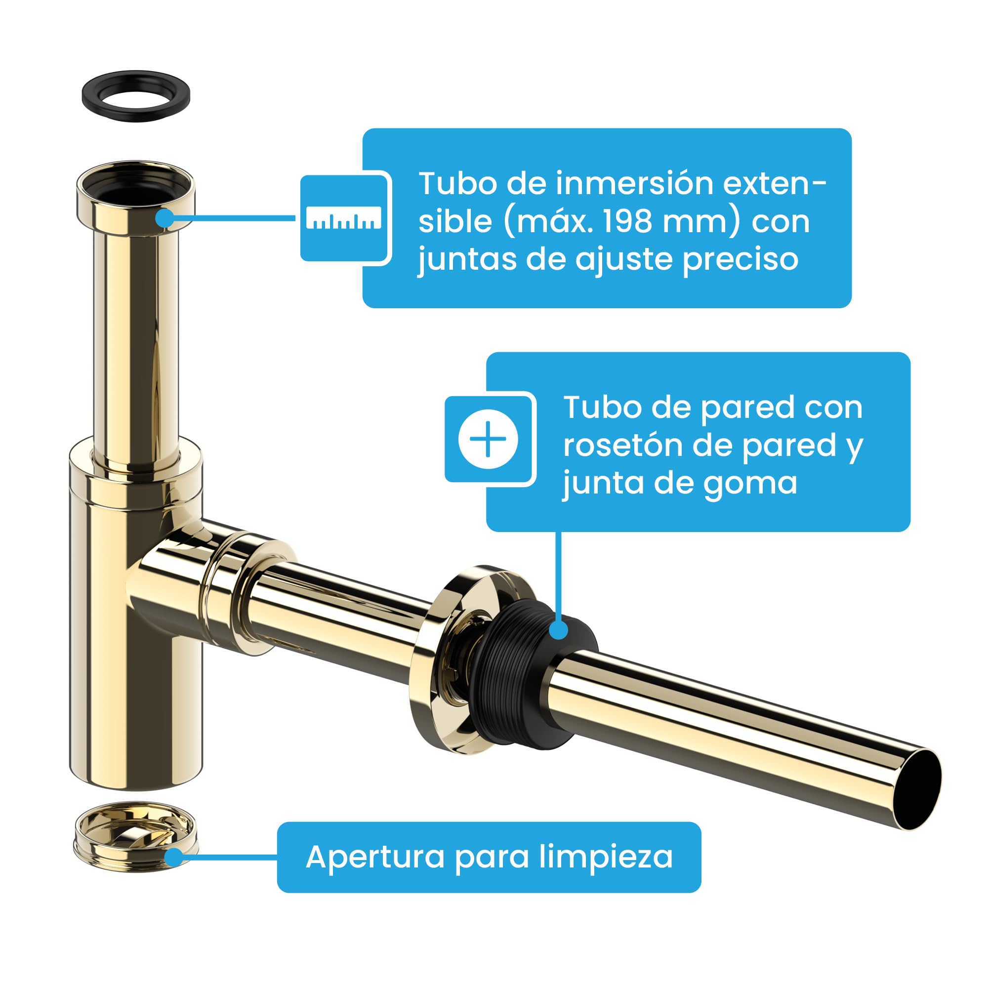 Bächlein Sifón Universal de Diseño Dorado para Lavabos y Lavamanos - Set de Desagüe - Trampa con Abertura de Limpieza + Instrucciones de Instalación - Sifón de Diseño, Sifón de Tubería