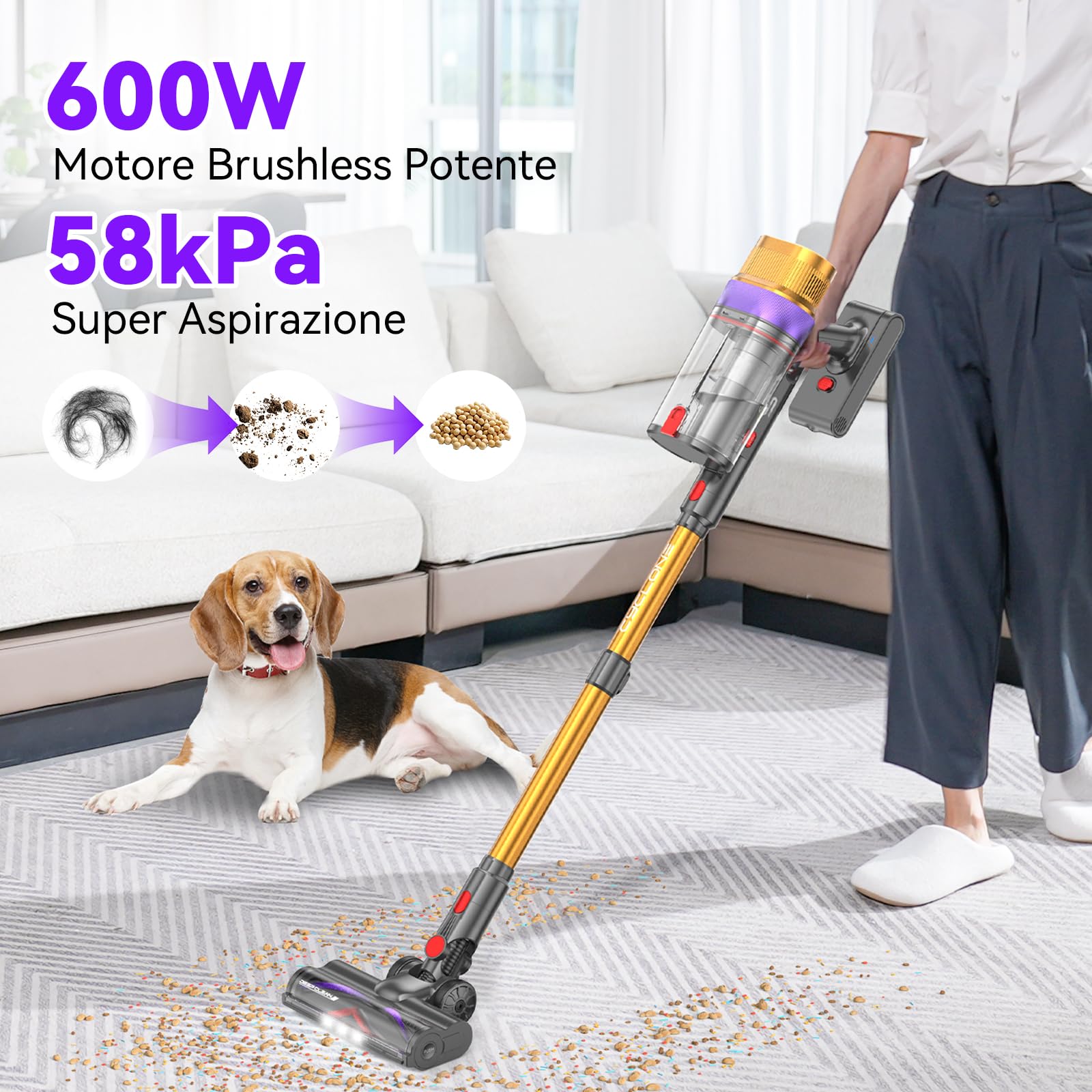 Vistefly V15 Ultra Aspirapolvere senza Fili, 58KPa 600W 80 Minuti Scopa Elettrica senza Filo Potente, Doppio Contenitore Anti-Groviglio Modalità Automatica per Pavimenti Tappeti Peli Animali