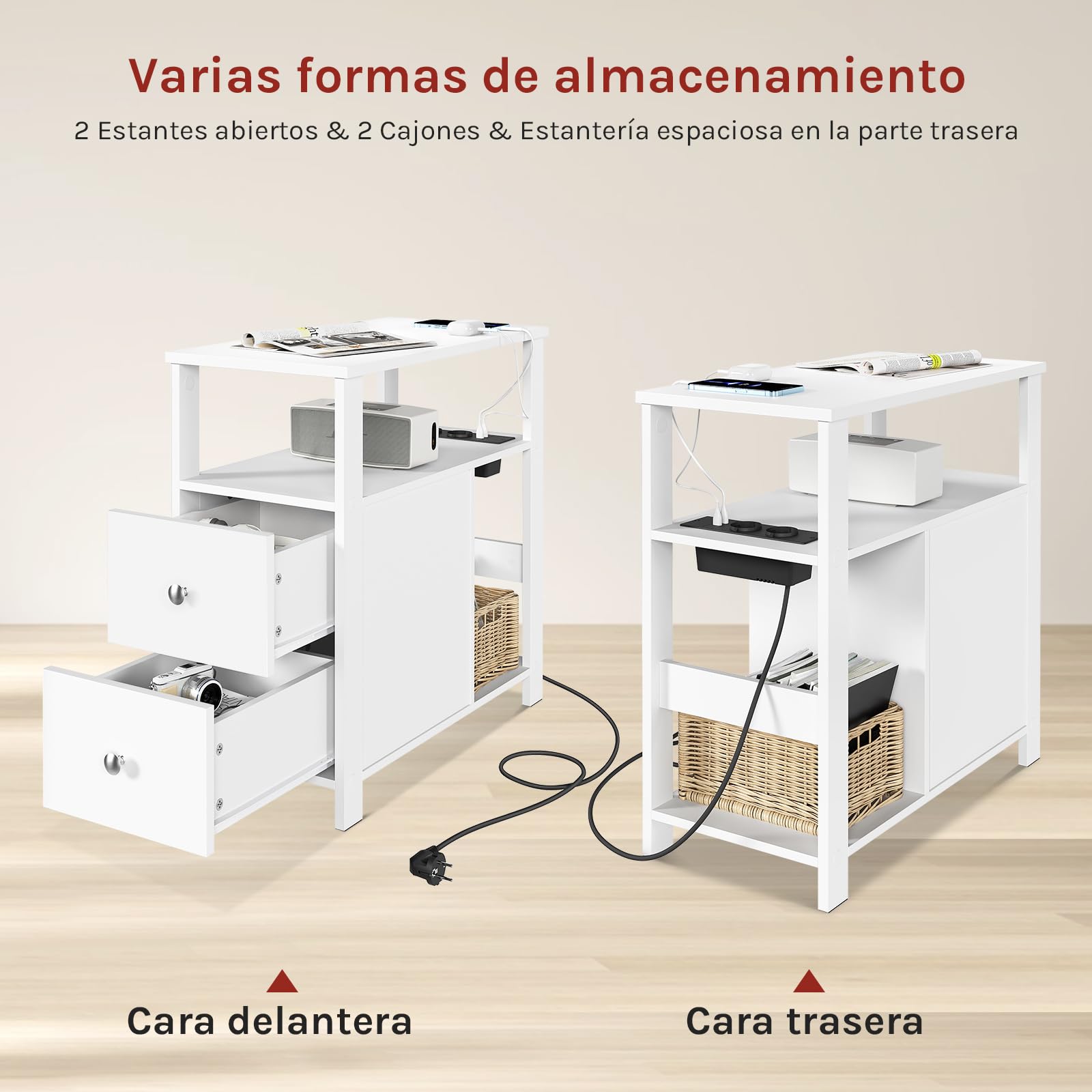 WOLTU Mesita Auxiliar con Enchufe, Mesa Centro con 2 Cajones y 2 Estantes, Mesilla con Enchufe y Puertos USB, para Salón y Dormitorio, Blanco, 60x60x30 cm, BTS28ws