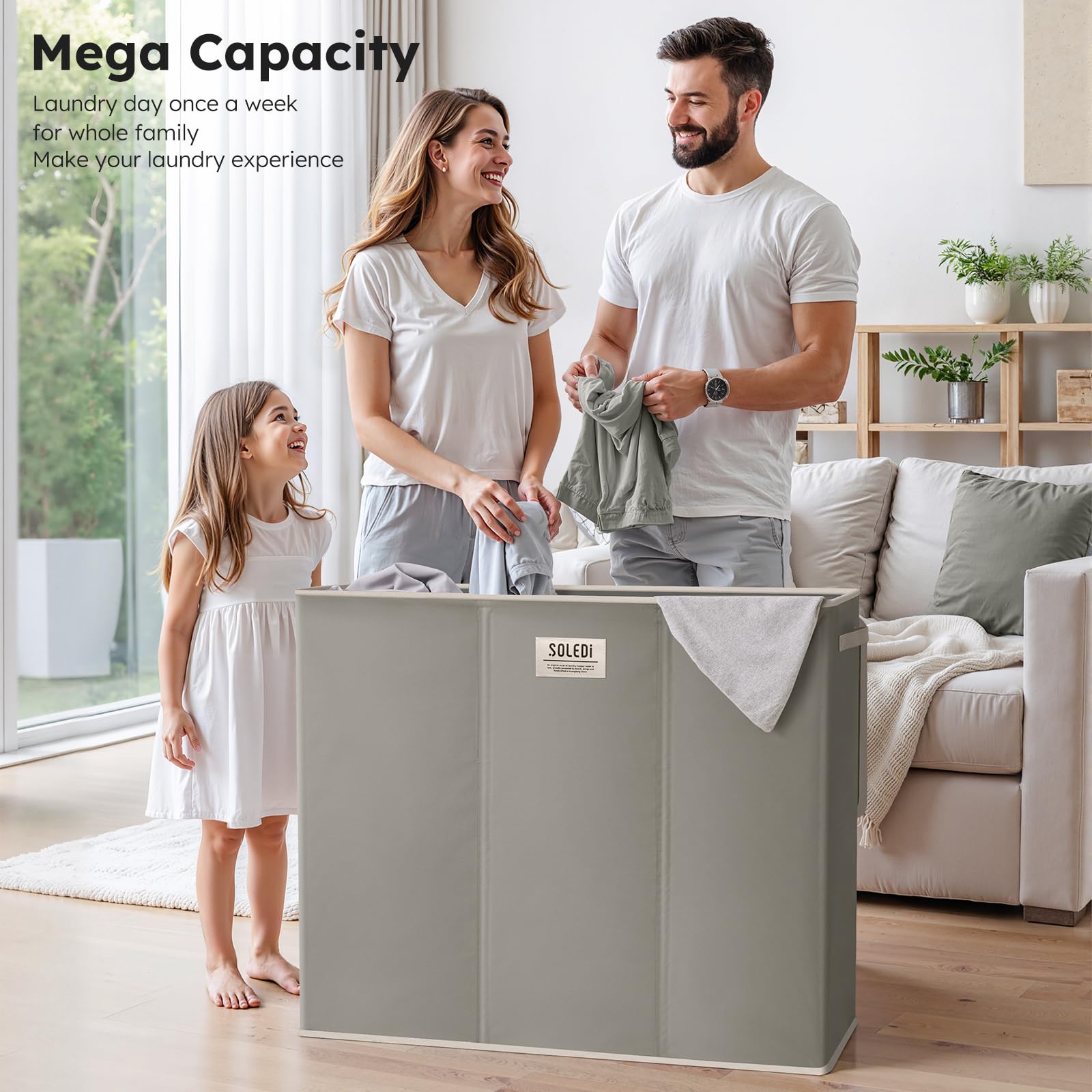 SOLEDI Laundry Basket 3 Compartments 180L Washing Basket with Lid, Collapsible Laundry Baskets - Image 2