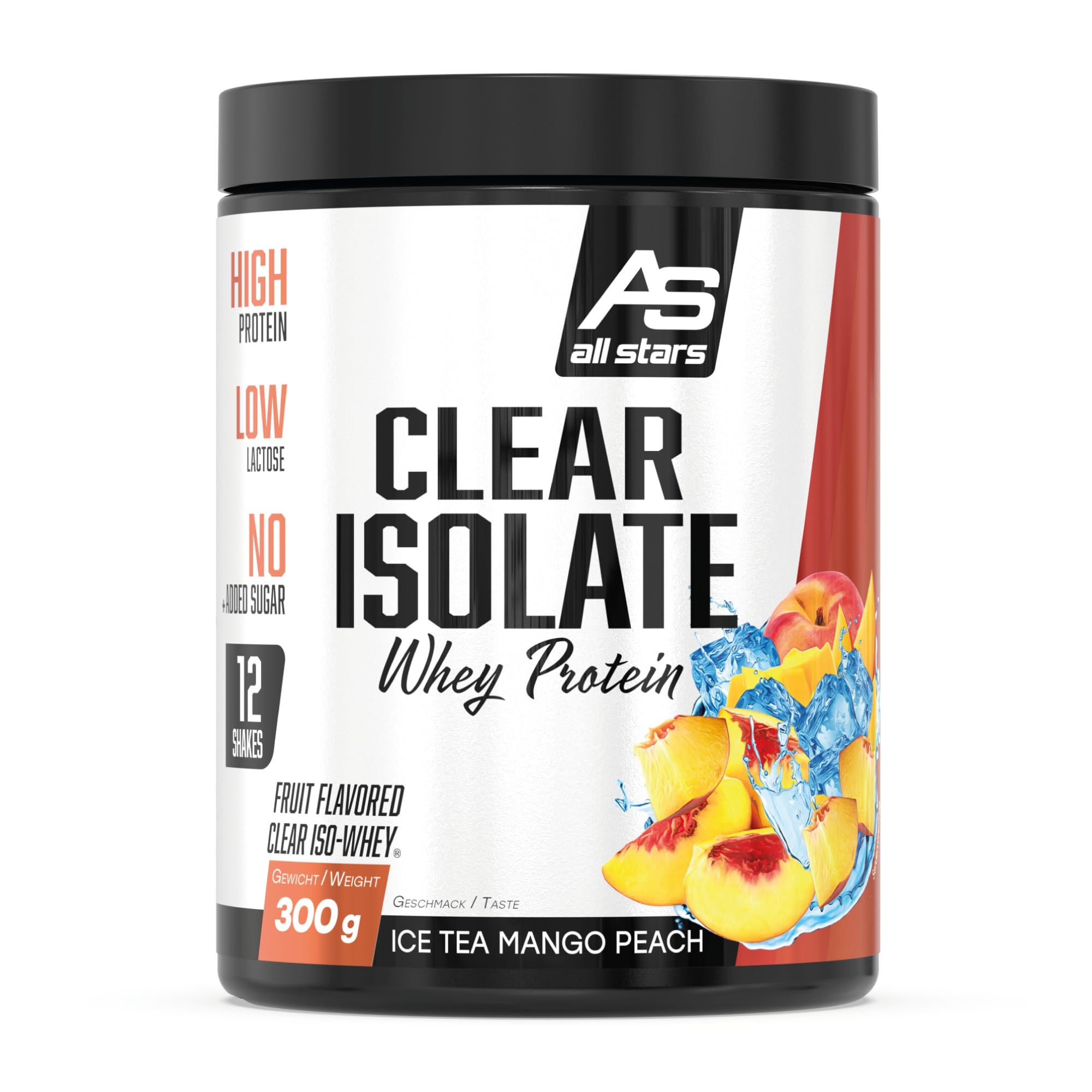 All Stars Clear Isolate Whey Protein Ice Tea Mango Peach Eistee I 300g Eiweiß-Pulver mit reinem Isolat I 20g Eiweiss pro 24g Protein-Shake I Protein-Pulver mit wenig Fett, Laktose, Kalorien & Zucker