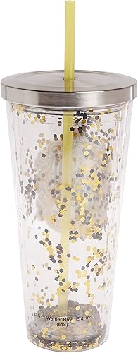 Miniatura 2 de Spoontiques Harry Potter - Vaso con brillantina, pajilla y diseño de Hufflepuff, 20 onzas, acrílico, color amarillo