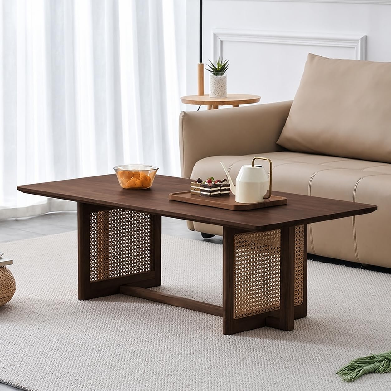 the kashth solid wood coffee table for living room tables w/handmade rattan shelf, environmental paint, simple & elegant center table, (natural) finish