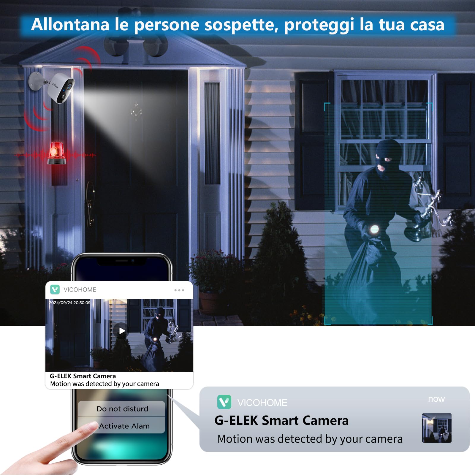 G-ELEK Telecamere Senza Fili da Esterno,Videocamera Sorveglianza Esterno WiFi con Colore Visione Notturna • Audio a 2 Vie • 2K 3MP • Movimento PIR • Sirena • Intelligente AI • Impermeabile IP65