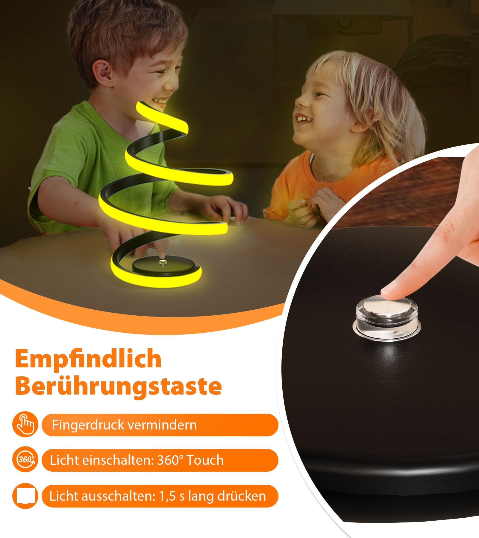 Neoglint Nachttischlampe – Touch-Bedienung, 12W, 3 Farbtemperaturen, Stufenlos Dimmbar, Spiral-Design