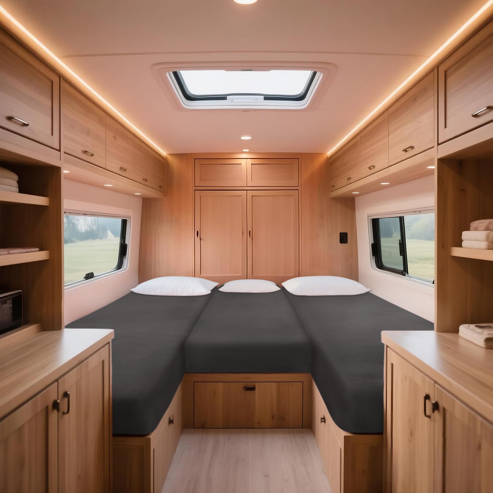 Stretch-Samt Spannbettlaken Wohnmobil Mit Schnürung, Spannbetttuch Für Wohnwagen, Blatt Für Heckbetten Set 3 Teilig Mit 2 Längsbetten + Mittelteil (Dark Grey)
