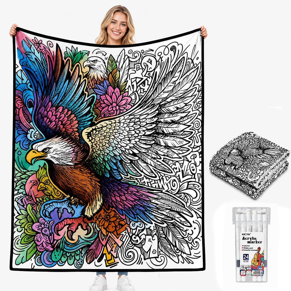 DIY Colouring Blanket for Adults with 24 Colors Markers, Colour Your Own Throw Blankets, Washable Diy Coloring Blanket, Painted Fuzzy Velvet Creative Color in Blankets Gifts for Family 50"x 60"