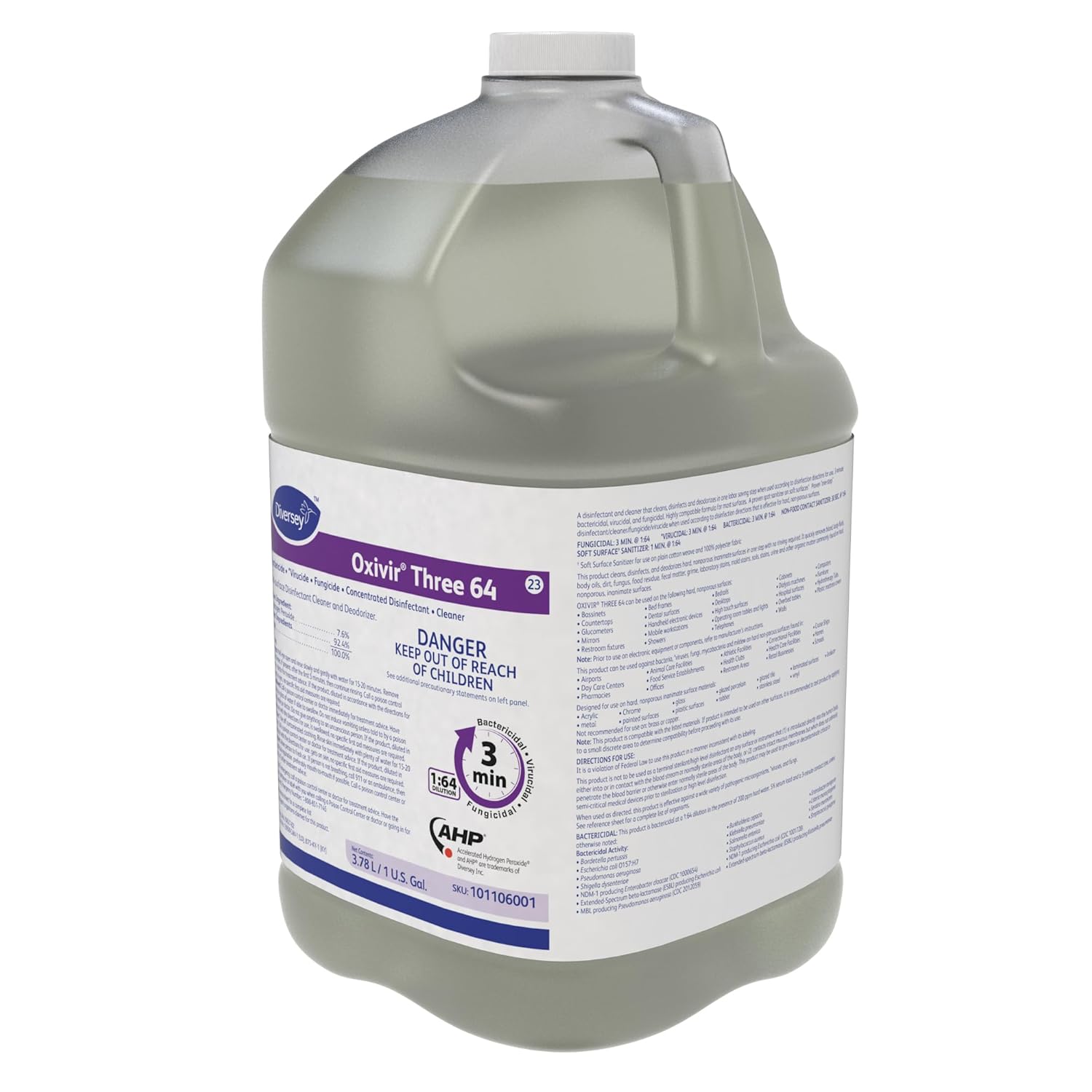 Oxivir Diversey 101106001 Three 64 Liquid Disinfectant Powered by Accelerated Hydrogen Peroxide (AHP), Unscented, Concentrate, 1-Gallon