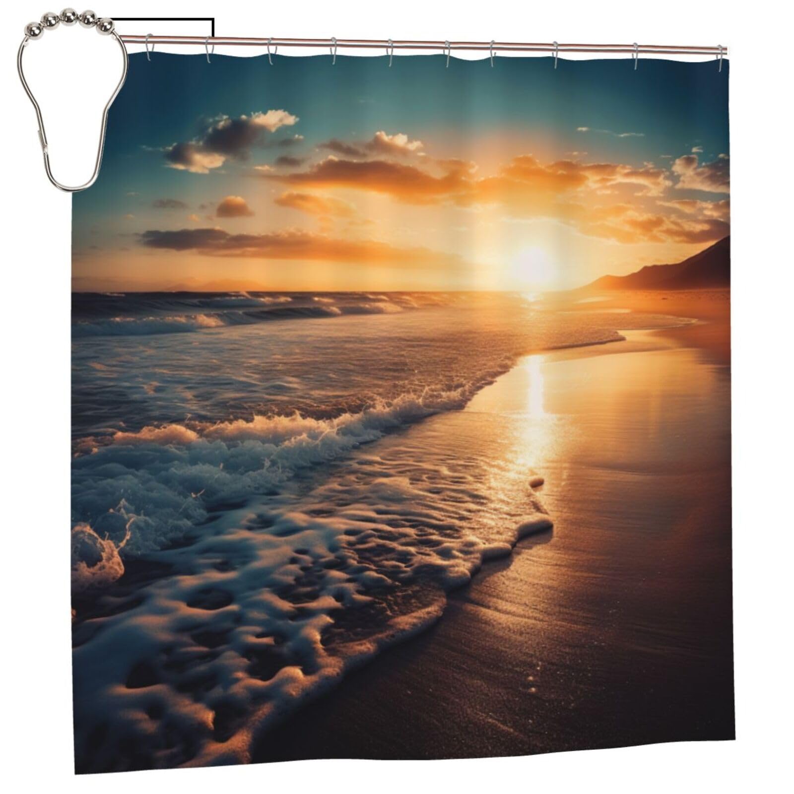 BWWHCCTI Sea Beach Sunset Printed Shower Curtain With 12 Iron Hooks Opaque Quick Drying Waterproof Shower Curtains Sets For Bathroom 183x183 CM