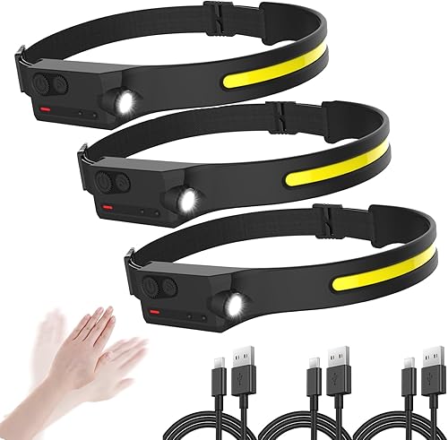 Linterna frontal LED recargable con sensor de movimiento, lámpara de cabeza USB, cómoda diadema con haz ancho, 5 modos, 350 lúmenes, linterna ultra