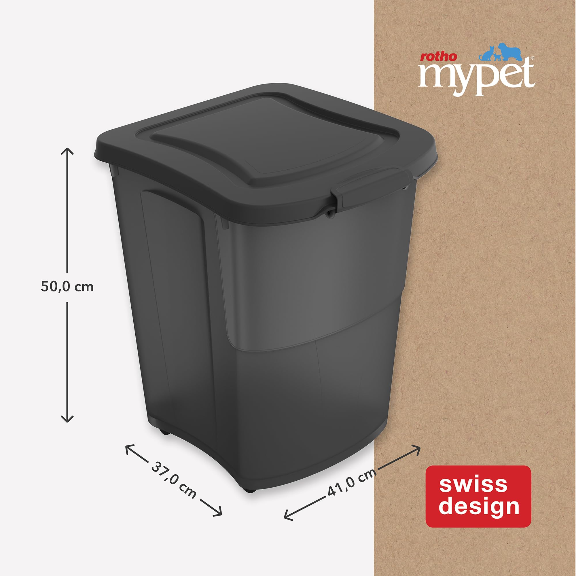 Rotho Archie Tierfutterbehälter Deckel, lebensmittelechter Kunststoff (PP) BPA-frei, schwarz transparent, 38l, (41 x 37 x 50 cm)
