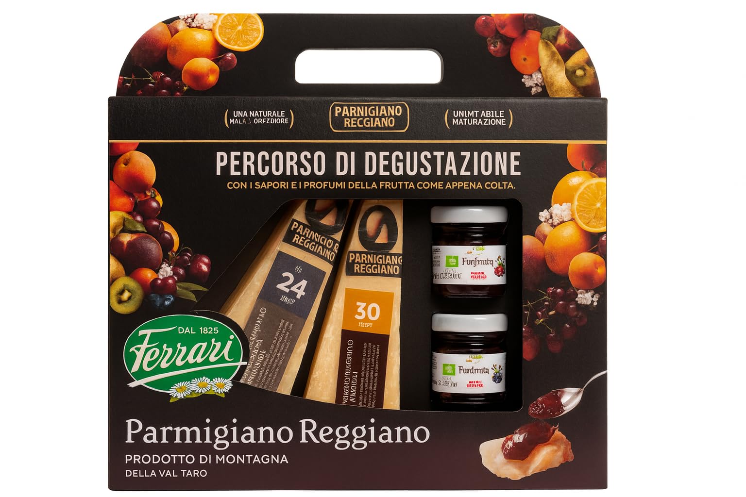 Confezione con Formaggi Italiani Stagionati 24 e 30 Mesi e 3 Vasetti di Frutta per Degustazioni Gourmet, Taglieri Raffinati e Regali Gastronomici di Alta Qualità